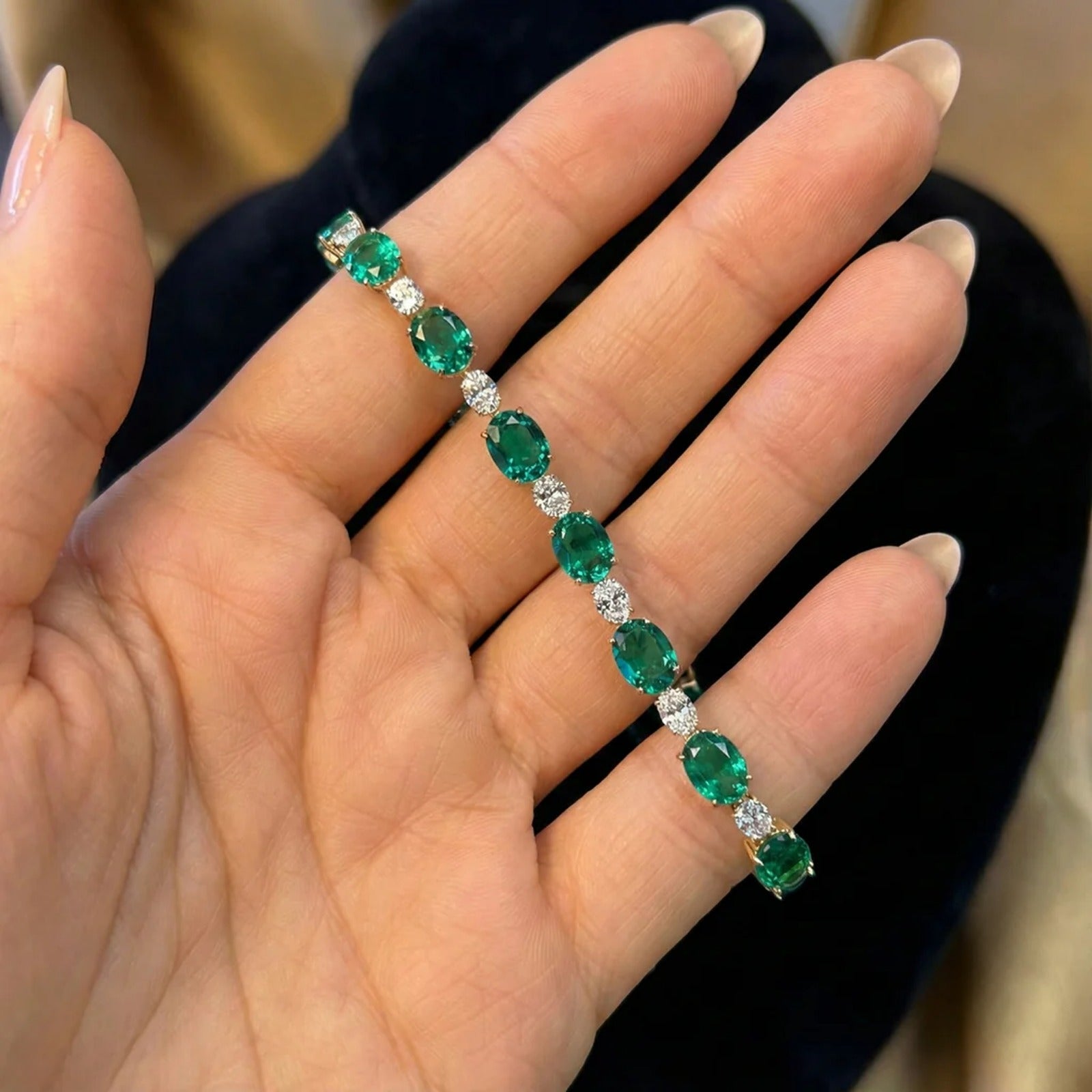 OBFJ0091 - 15.75 ctw 14k Lab Grown Colombian Oval Emerald and Oval Diamond Bracelet - Molly 2