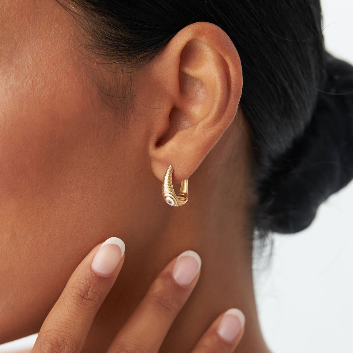 OBFJ1092 - Ribbed Teardrop Hoop Earrings earrings in selectable metal and diamond options - Roselle Jewelry view 3