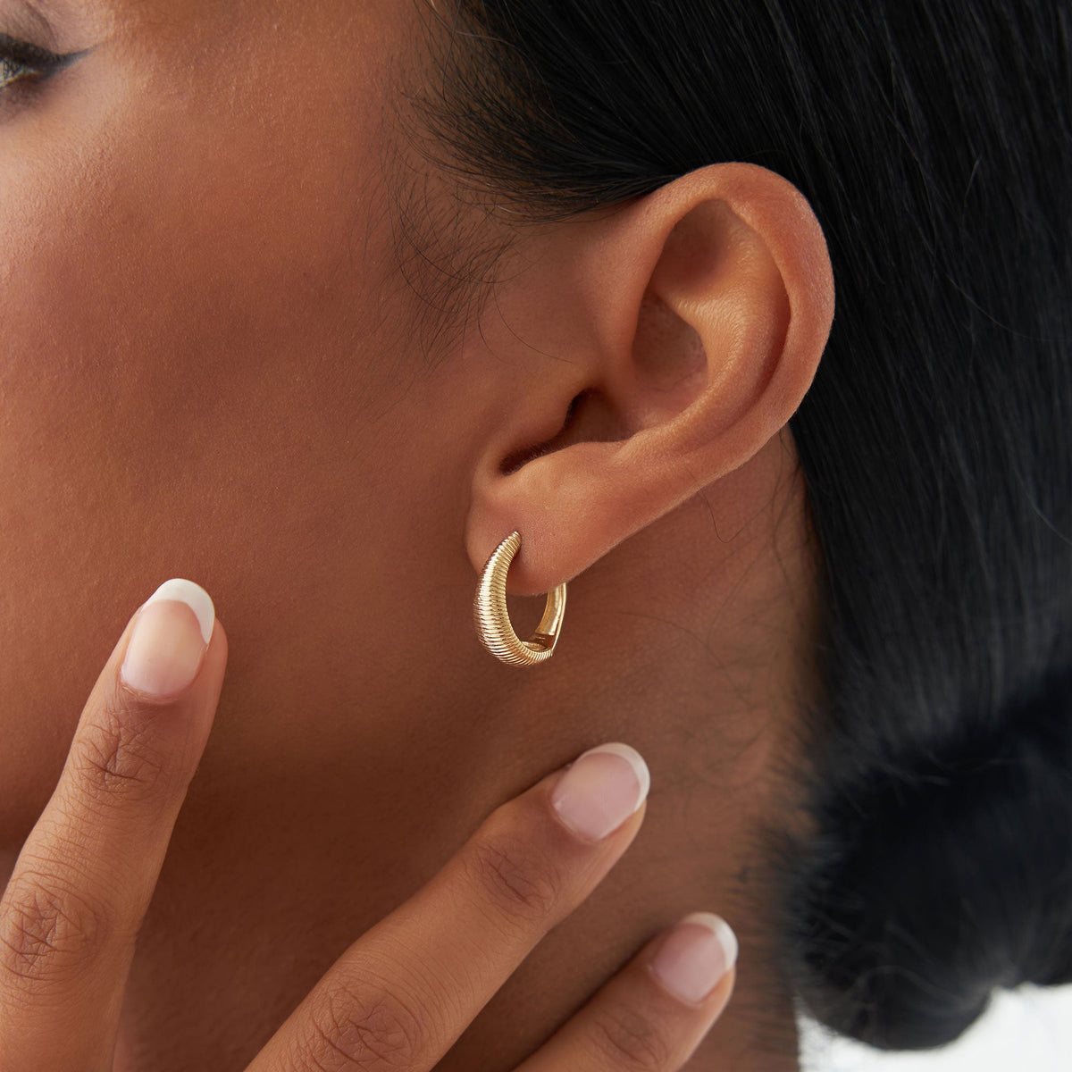 OBFJ1092 - Ribbed Teardrop Hoop Earrings earrings in selectable metal and diamond options - Roselle Jewelry view 5