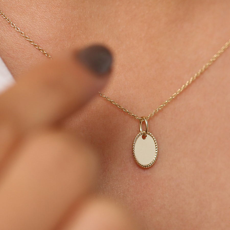 OBFJ1995 - Mini Oval Initial Tag with Twist Rope necklace in selectable metal and diamond options - Roselle Jewelry view 2