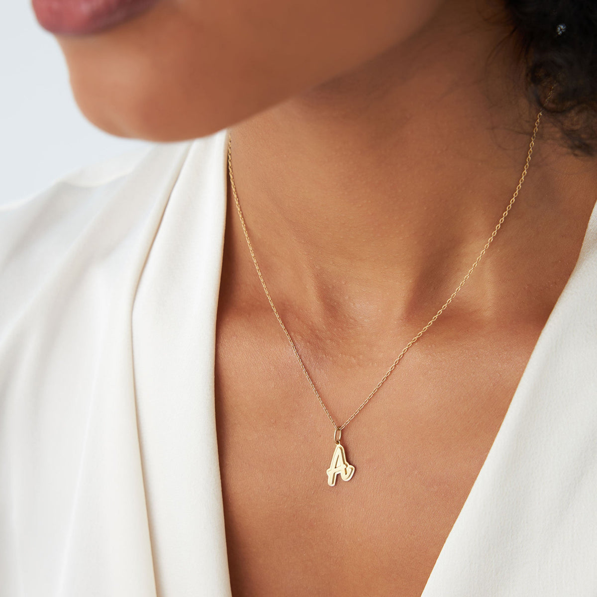 OBFJ1200 - Solid Gold Script Font Initial Layered 3D Necklace necklace in selectable metal and diamond options - Roselle Jewelry view 4
