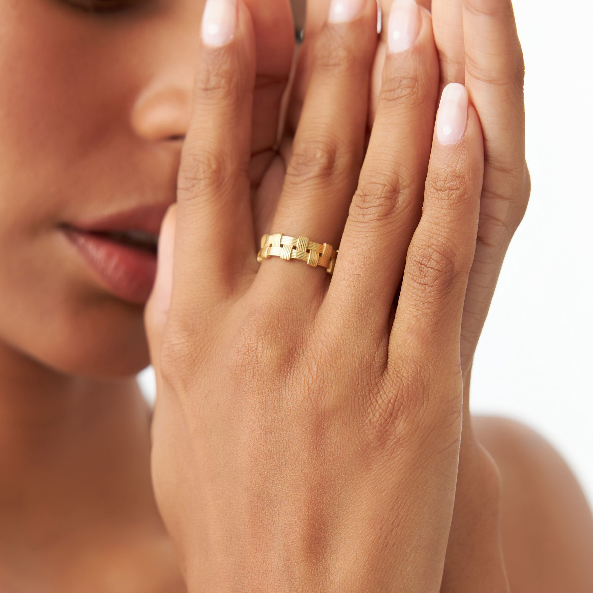 OBFJ1122 - 14K Stackable Ribbed Woven Gold Ring 3