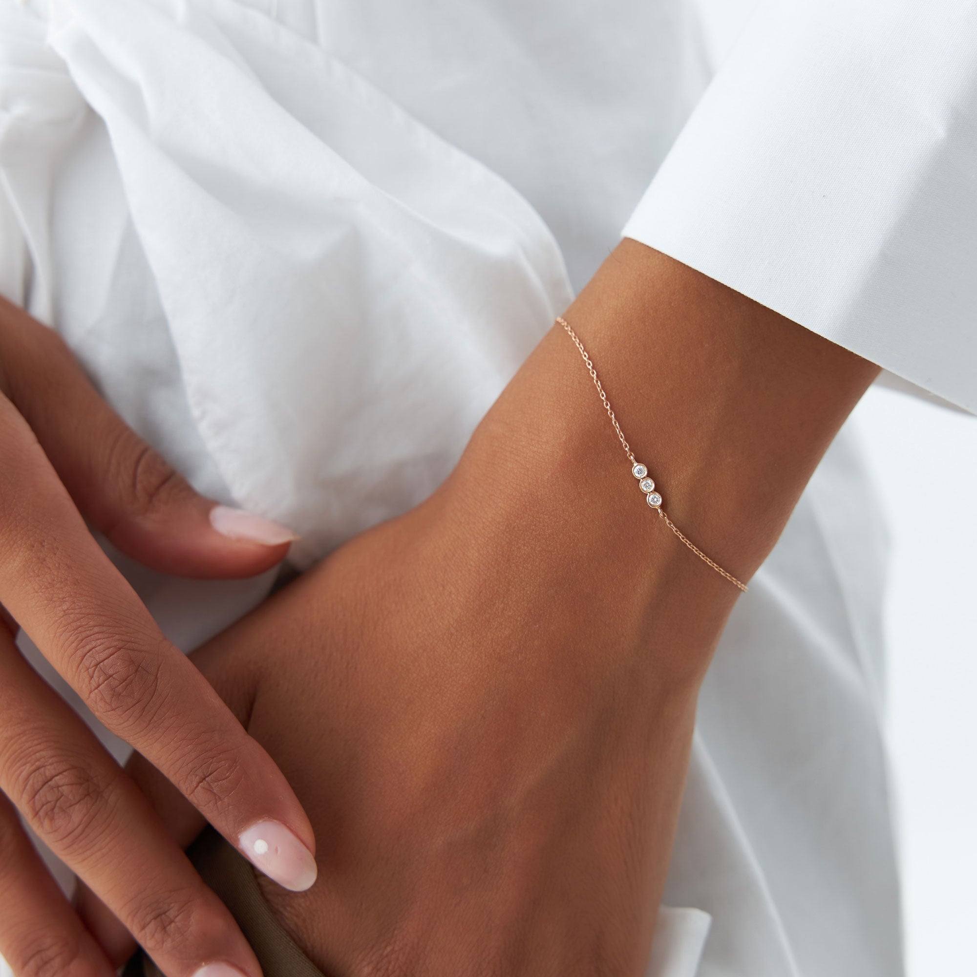 OBFJ0206 - 14K Rose Gold Trio Diamond Bracelet with Thin Chain 3