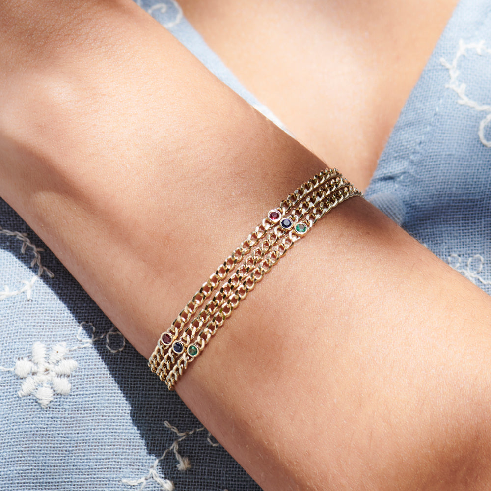 OBFJ2256 - Cuban Link Bracelet w/ Bezel Setting Sapphire bracelets in selectable metal and diamond options - Roselle Jewelry view 2