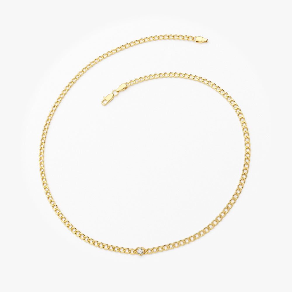 OBFJ2176 - 2MM Curb Link Bracelet w/ Heart Shape Solitaire Round Diamonds bracelets in selectable metal and diamond options - Roselle Jewelry view 6