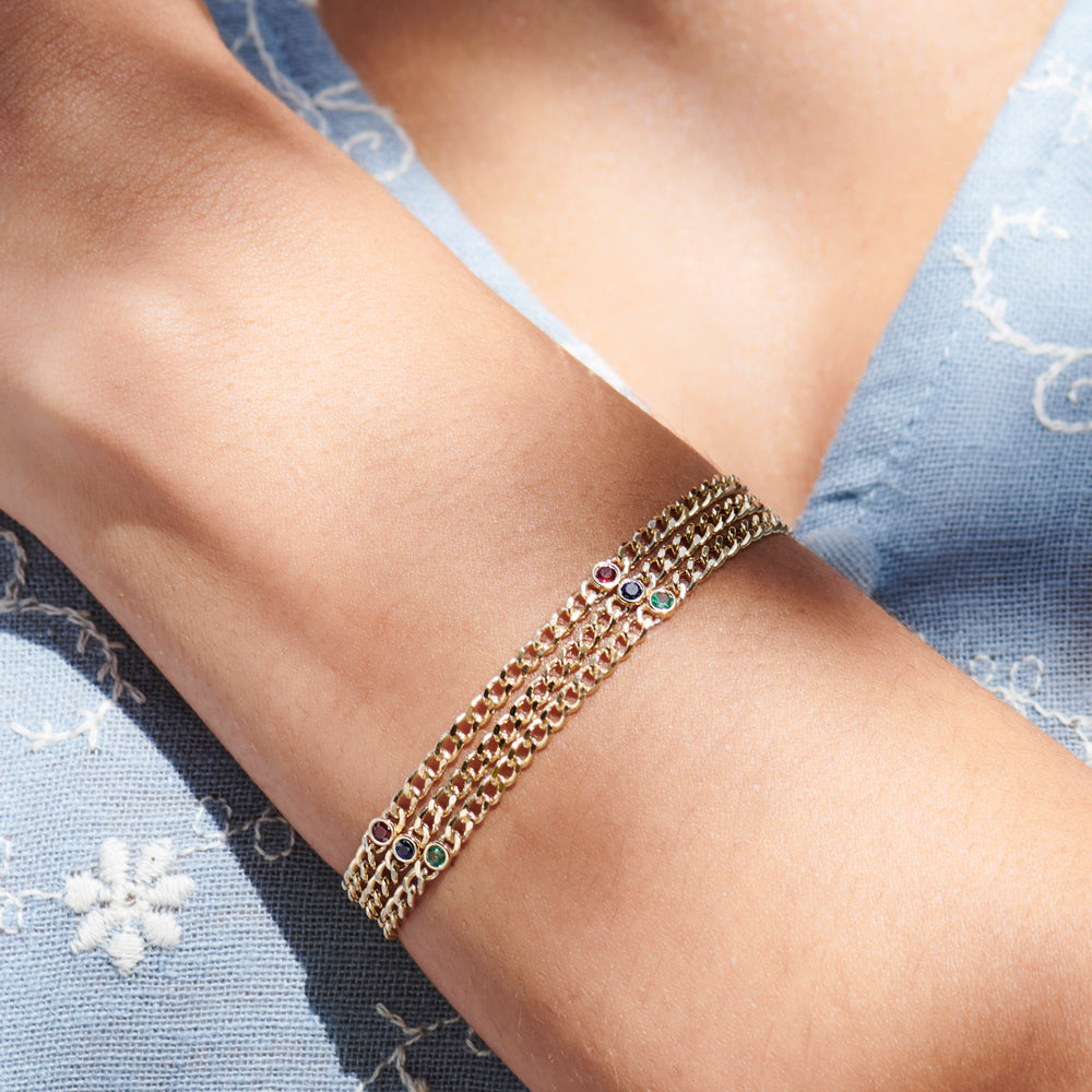 OBFJ2282 - Cuban Link Bracelet w/ Bezel Setting Emerald bracelets in selectable metal and diamond options - Roselle Jewelry view 3
