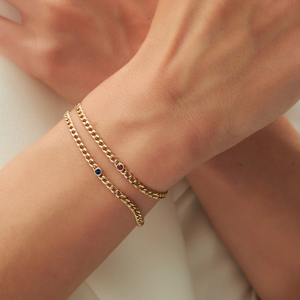 OBFJ2256 - Cuban Link Bracelet w/ Bezel Setting Sapphire bracelets in selectable metal and diamond options - Roselle Jewelry view 3