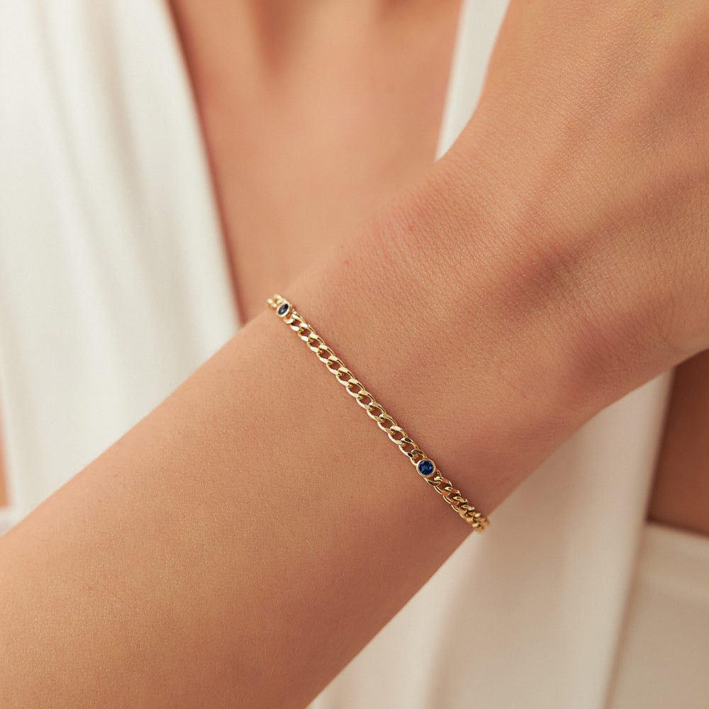 OBFJ2256 - Cuban Link Bracelet w/ Bezel Setting Sapphire bracelets in selectable metal and diamond options - Roselle Jewelry view 4