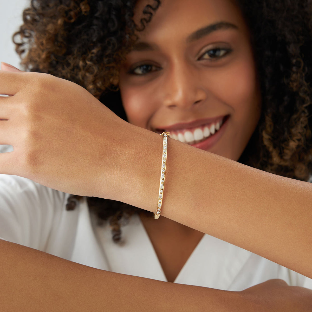 OBFJ1112 - Flush Setting Marquise Shaped and Round Diamond Bangle bracelets in selectable metal and diamond options - Roselle Jewelry view 4