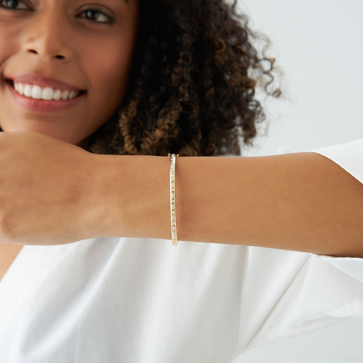 OBFJ1112 - Flush Setting Marquise Shaped and Round Diamond Bangle bracelets in selectable metal and diamond options - Roselle Jewelry view 3