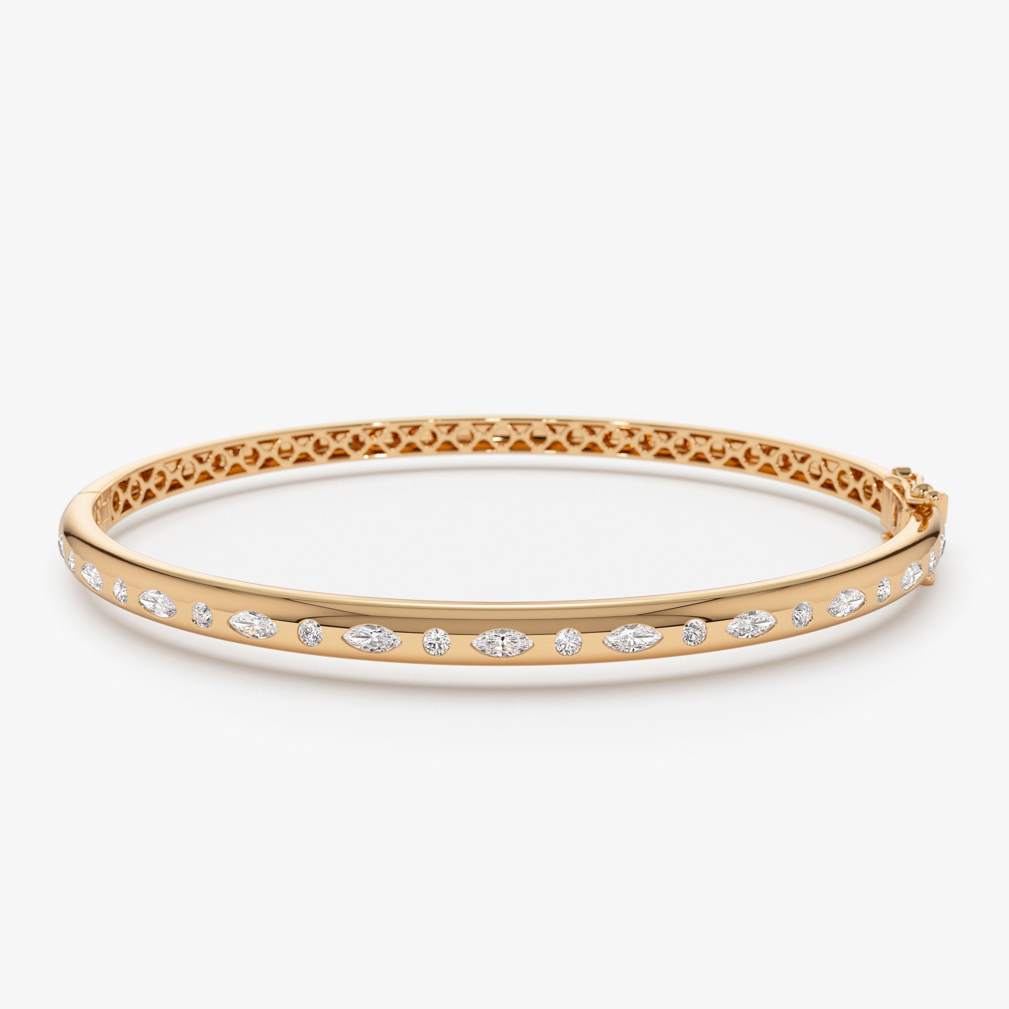 OBFJ1112 - Flush Setting Marquise Shaped and Round Diamond Bangle bracelets in selectable metal and diamond options - Roselle Jewelry view 5