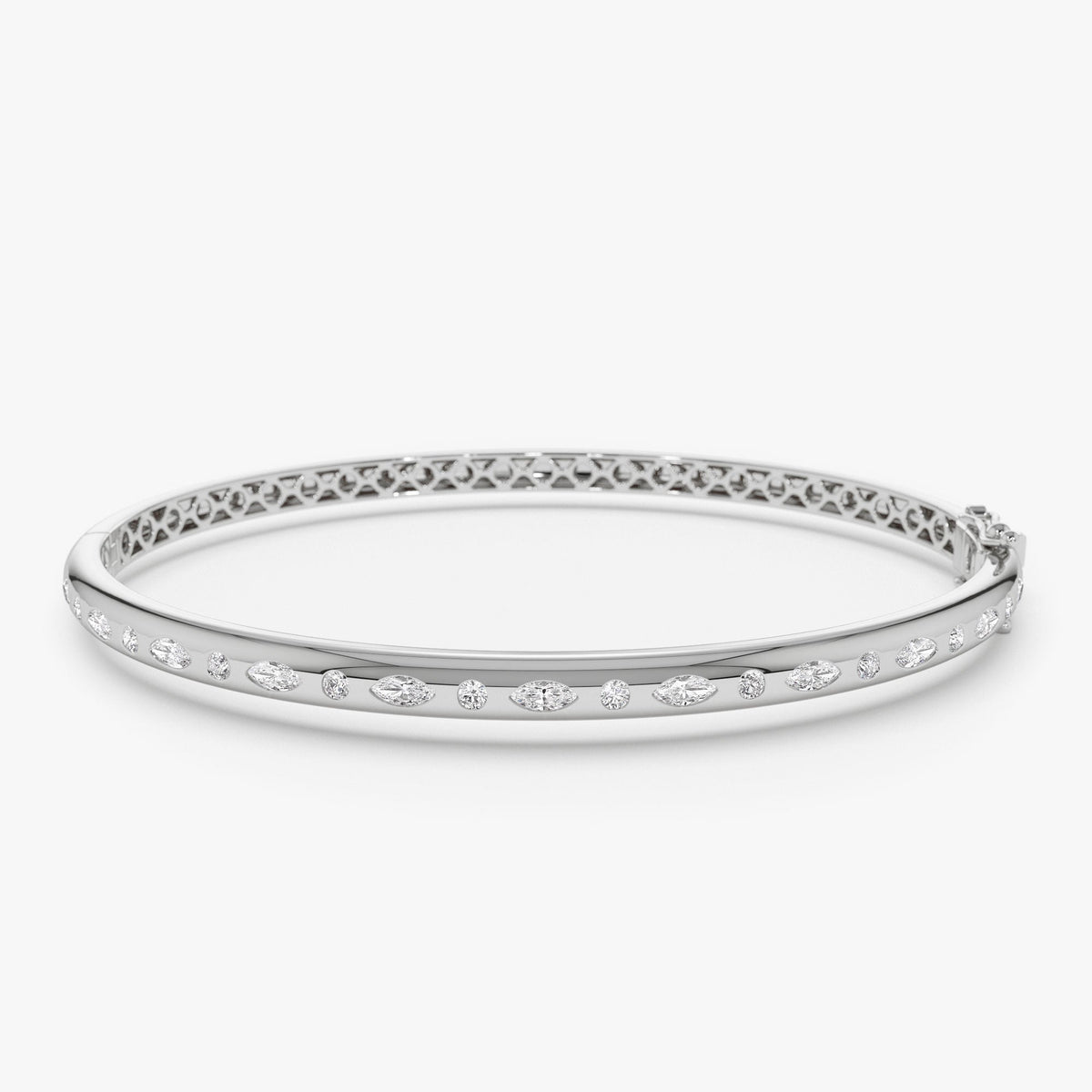OBFJ1112 - Flush Setting Marquise Shaped and Round Diamond Bangle bracelets in selectable metal and diamond options - Roselle Jewelry view 6