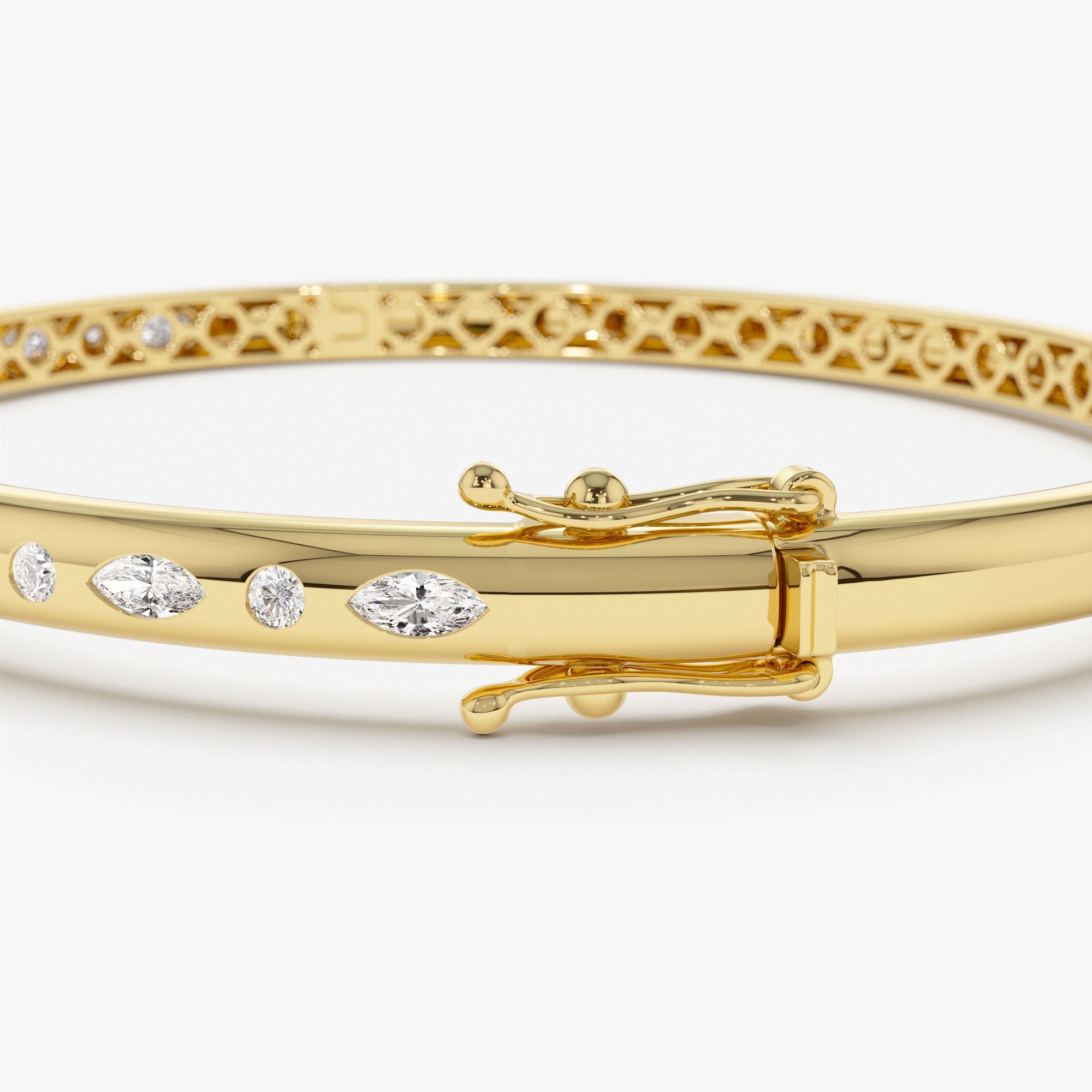 OBFJ1112 - Flush Setting Marquise Shaped and Round Diamond Bangle bracelets in selectable metal and diamond options - Roselle Jewelry view 8