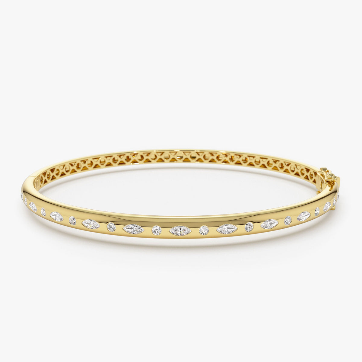 OBFJ1112 - Flush Setting Marquise Shaped and Round Diamond Bangle bracelets in selectable metal and diamond options - Roselle Jewelry view 1