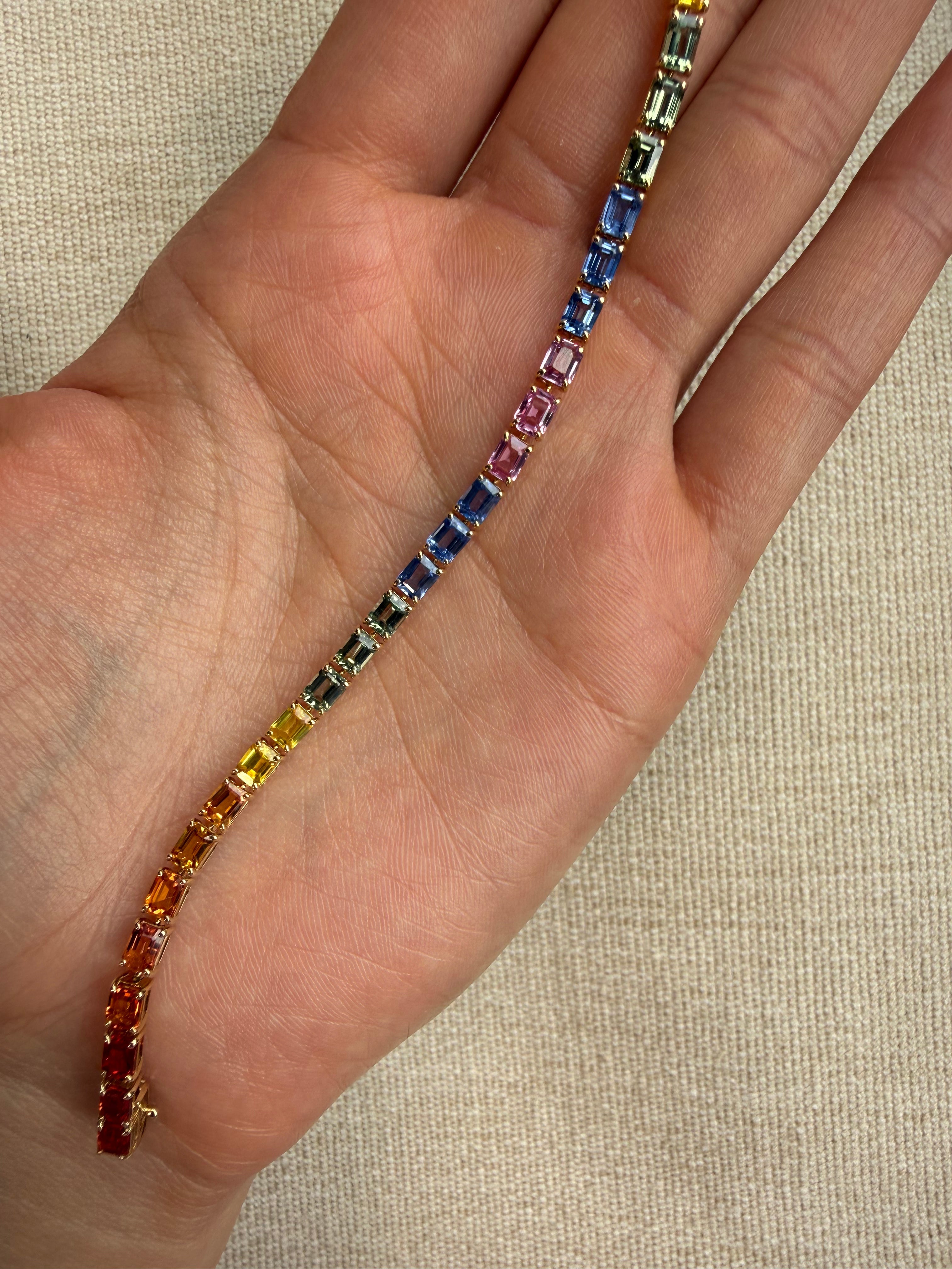 OBFJ0038 - 14K Gold Rainbow Emerald Cut Gemstone Tennis Bracelet 3