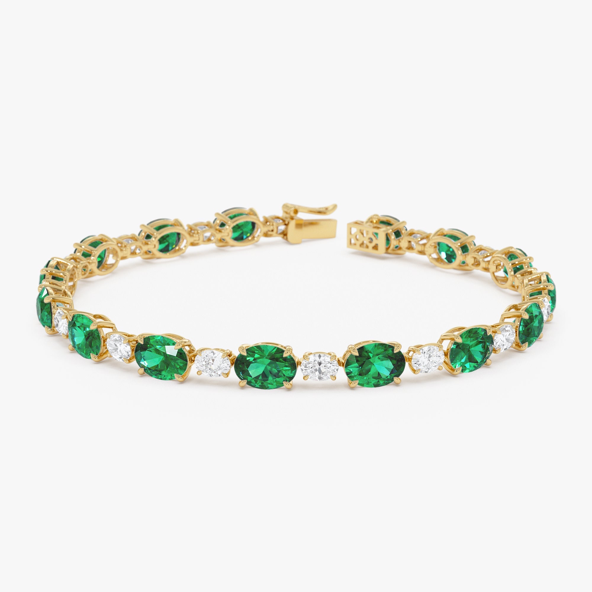 OBFJ0346 - 15.75 ctw 14k Lab Grown Colombian Oval Emerald and Oval Diamond Bracelet - Molly 1