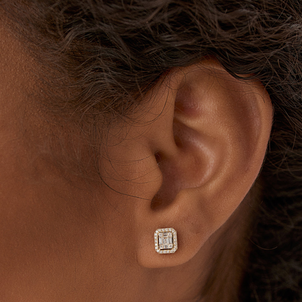 OBFJ1468 - 14k Baguette and Round Diamond Studs Halo Setting 2