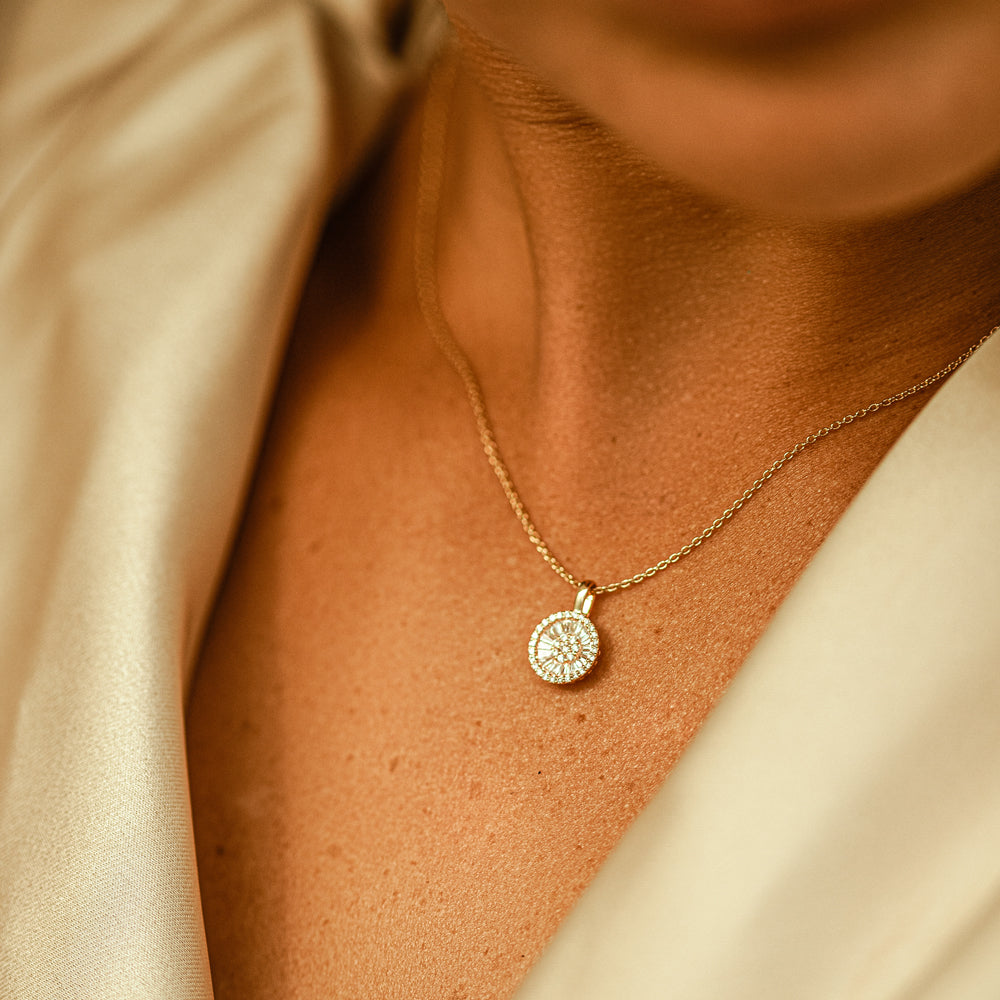 OBFJ1895 - Baguette Diamond Disc Cluster Necklace necklace in selectable metal and diamond options - Roselle Jewelry view 3