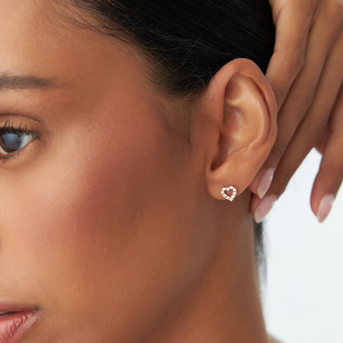 OBFJ1667 - Mini Heart Earrings Diamond Studs earrings in selectable metal and diamond options - Roselle Jewelry view 4
