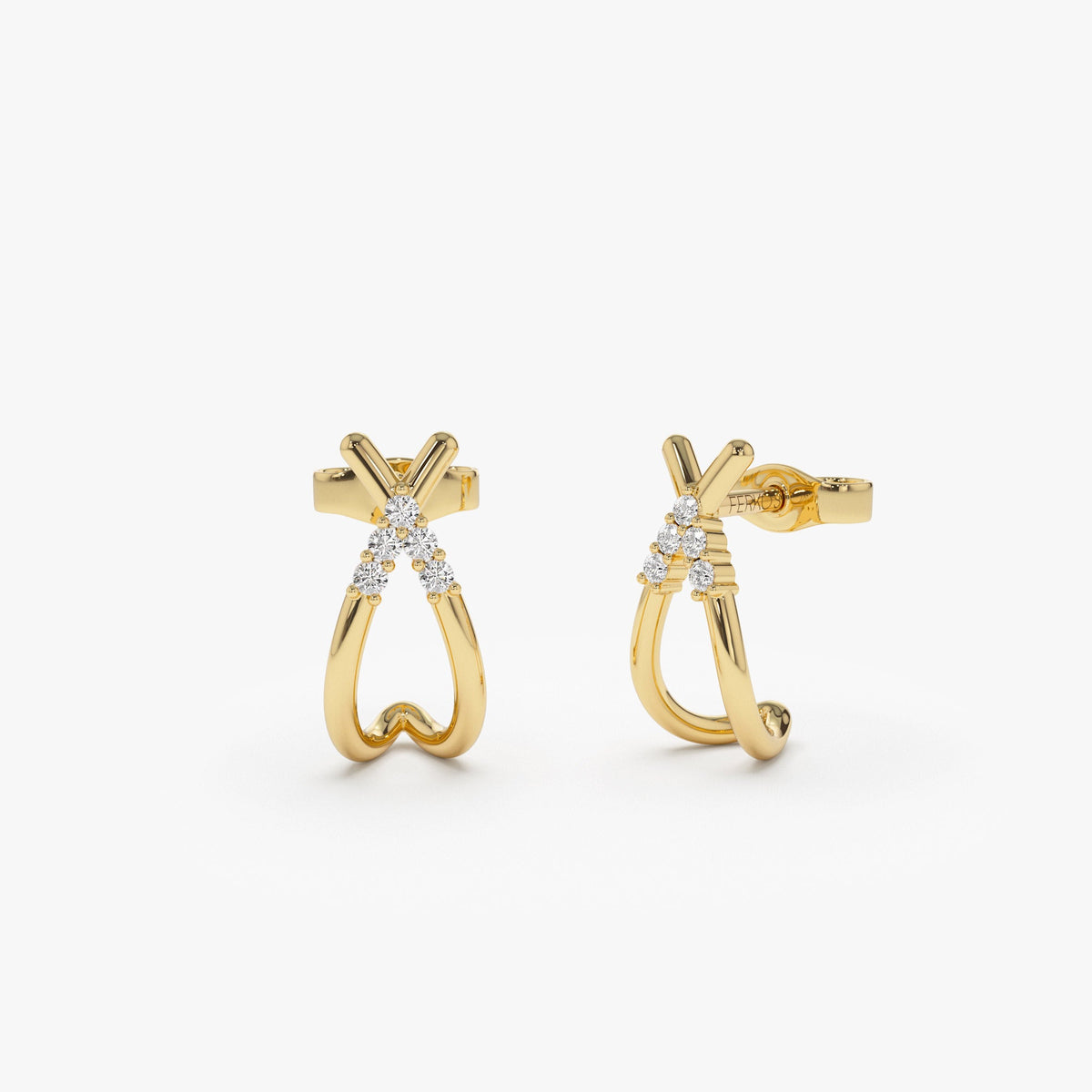 OBFJ1306 - Criss Cross Half Hoop Diamond Stud earrings in selectable metal and diamond options - Roselle Jewelry view 1
