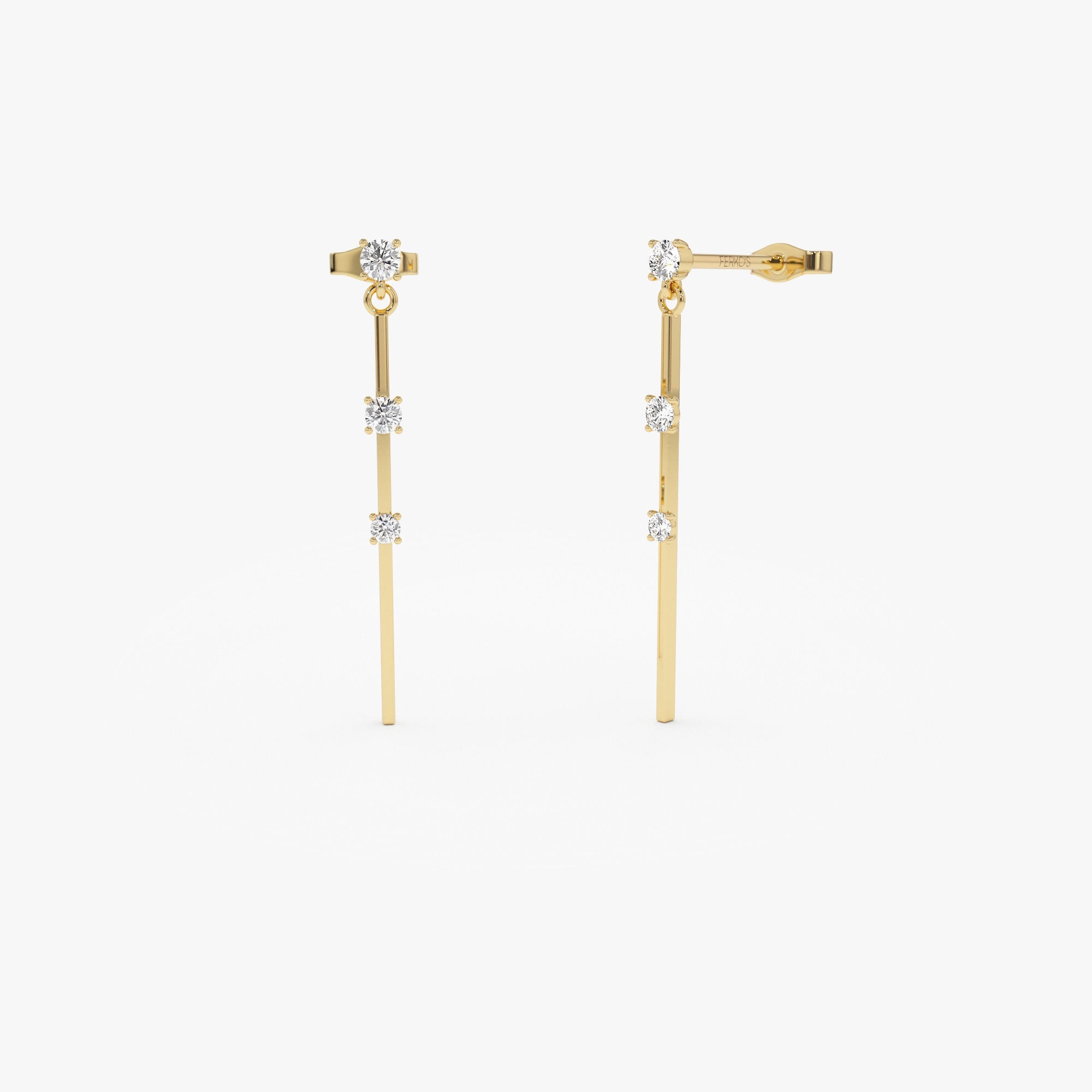 OBFJ1234 - 14K Linear Bar Triple Diamond Drop Earrings 1