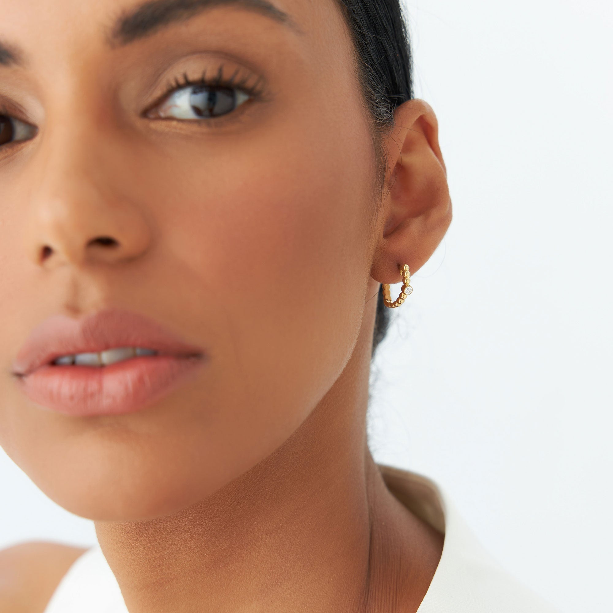 OBFJ1238 - Bezel Setting Beaded Diamond Huggies earrings in selectable metal and diamond options - Roselle Jewelry view 4