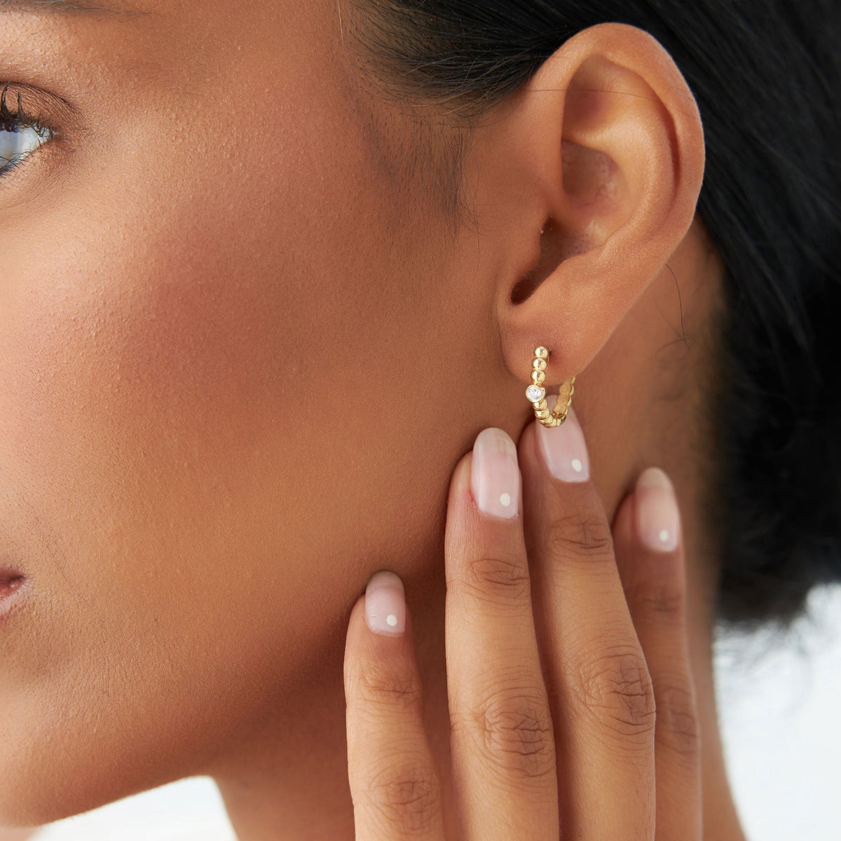 OBFJ1238 - Bezel Setting Beaded Diamond Huggies earrings in selectable metal and diamond options - Roselle Jewelry view 2