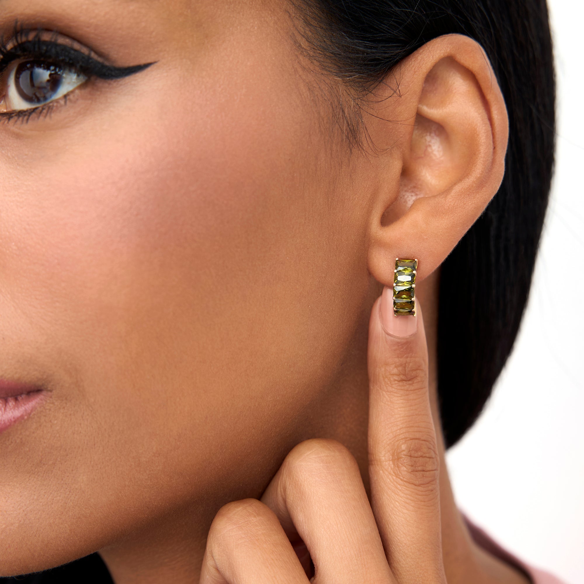 OBFJ0803 - 14K Emerald Cut Peridot Half Hoop Earrings 4
