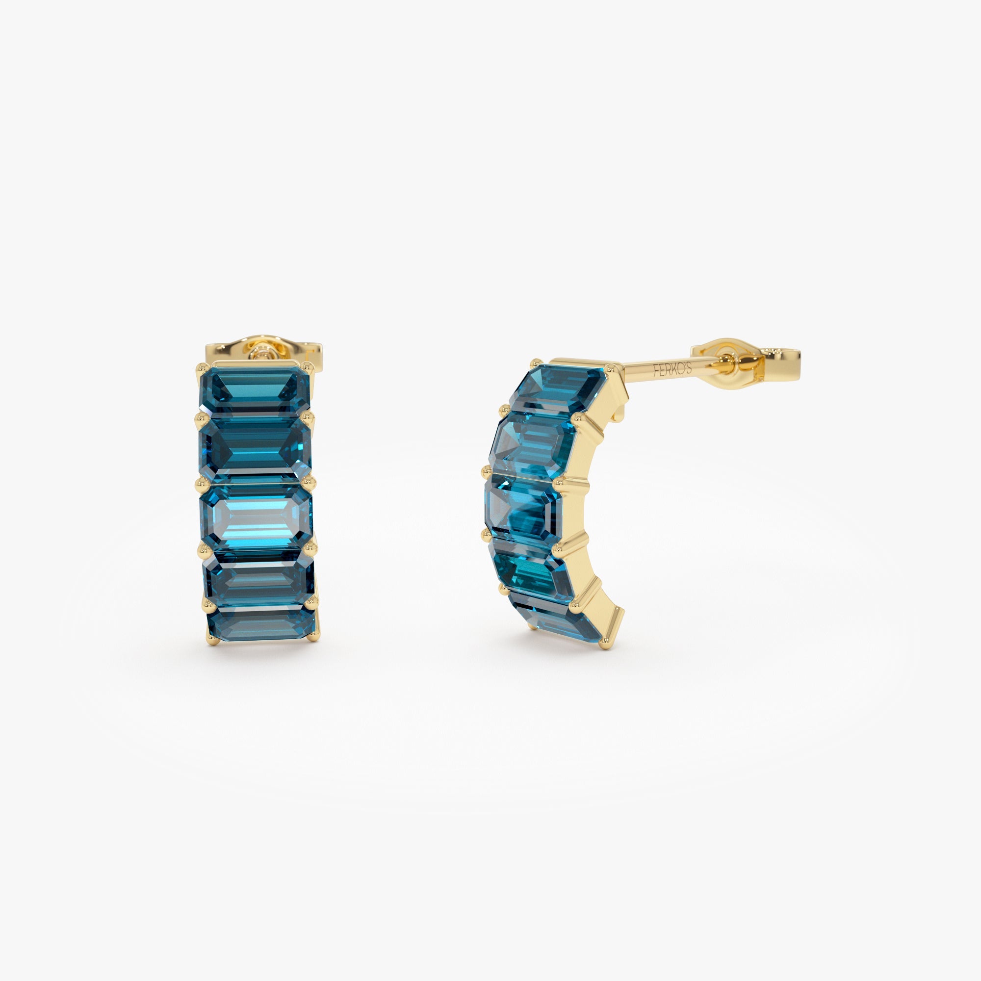 OBFJ0804 - 14K Emerald Cut London Blue Topaz Half Hoop Earrings 1