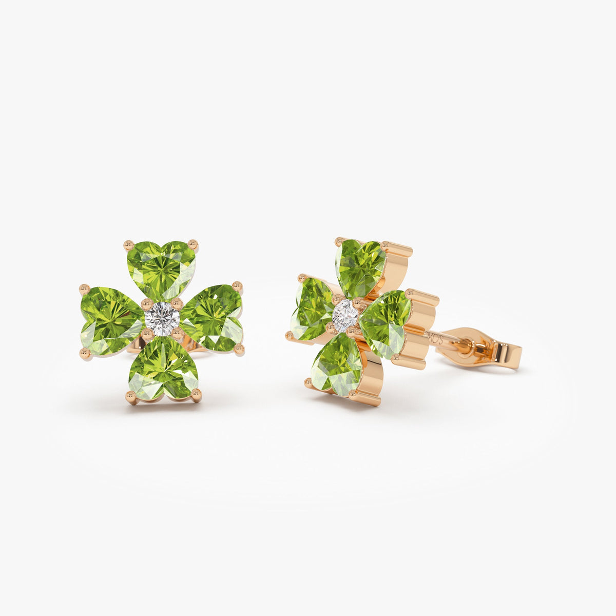 OBFJ0797 - Peridot Four Leaf Clover Studs earrings in selectable metal and diamond options - Roselle Jewelry view 3