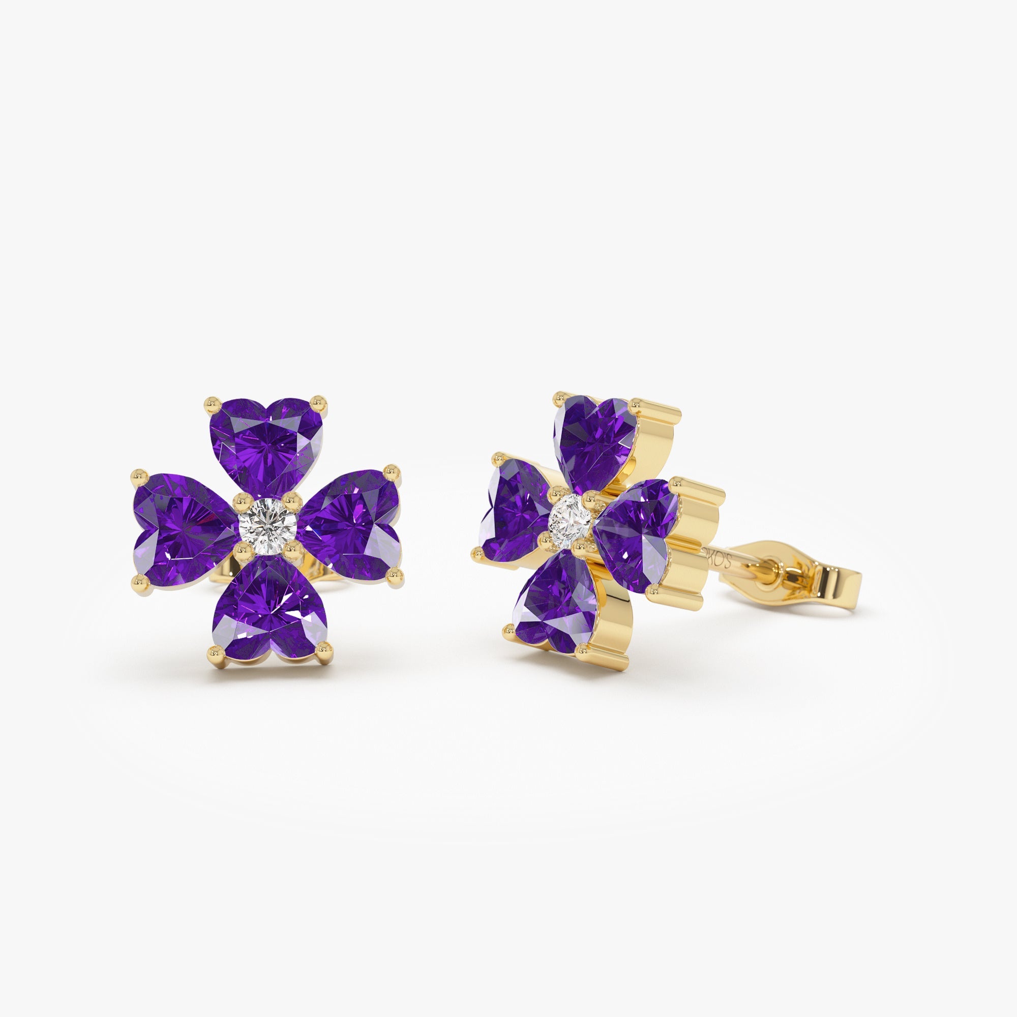 OBFJ0799 - 14k Amethyst Four Leaf Clover Studs 1