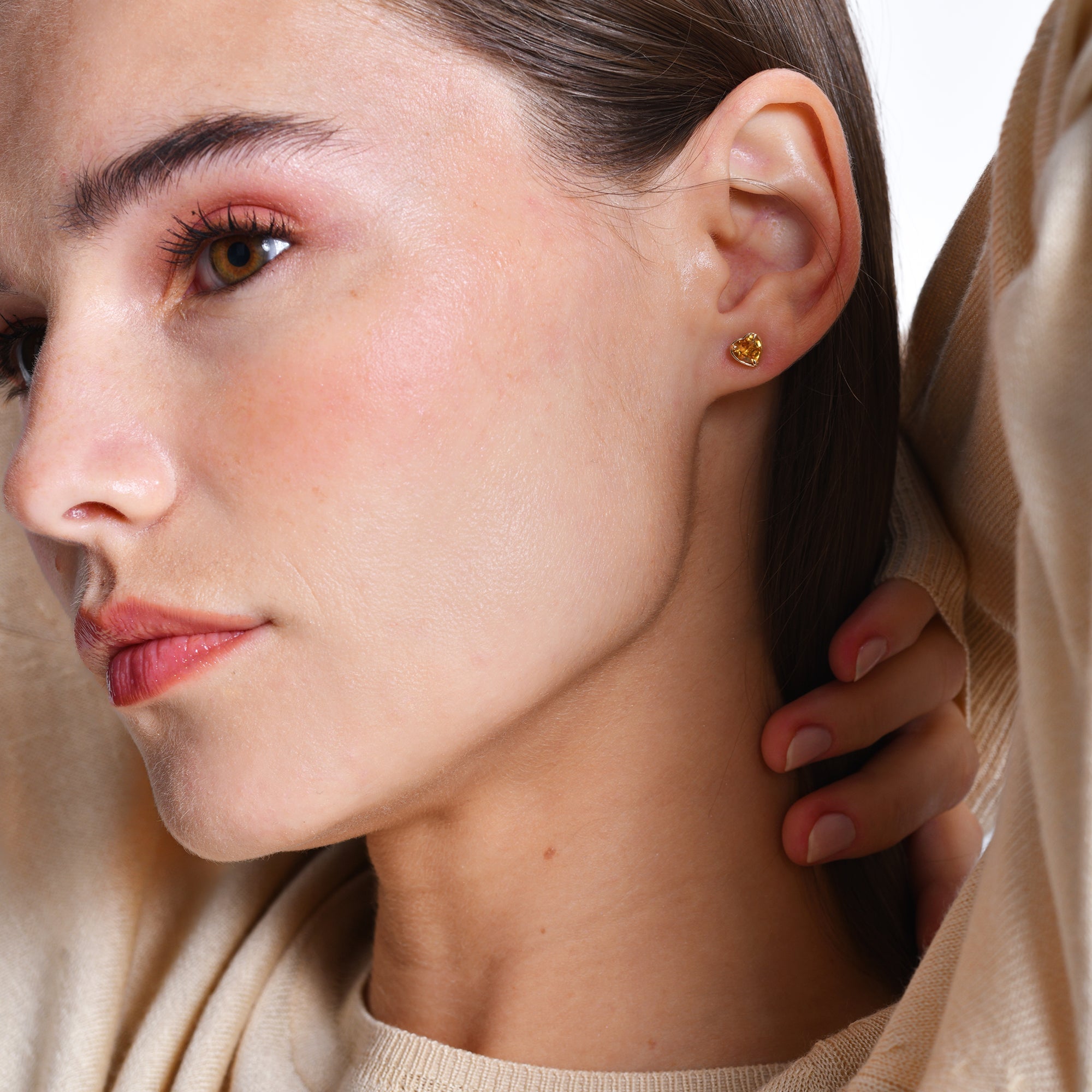 OBFJ0489 - Heart Shaped Citrine Stud Earrings earrings in selectable metal and diamond options - Roselle Jewelry view 3