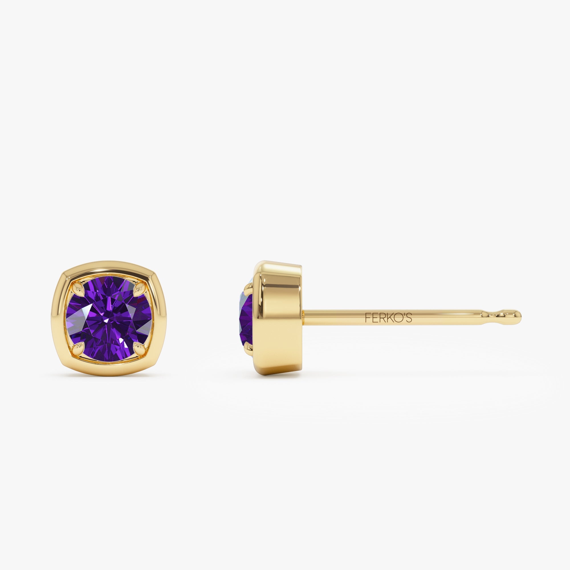 OBFJ0500 - 14K Cushion Shaped Round Amethyst Stud Earrings 5