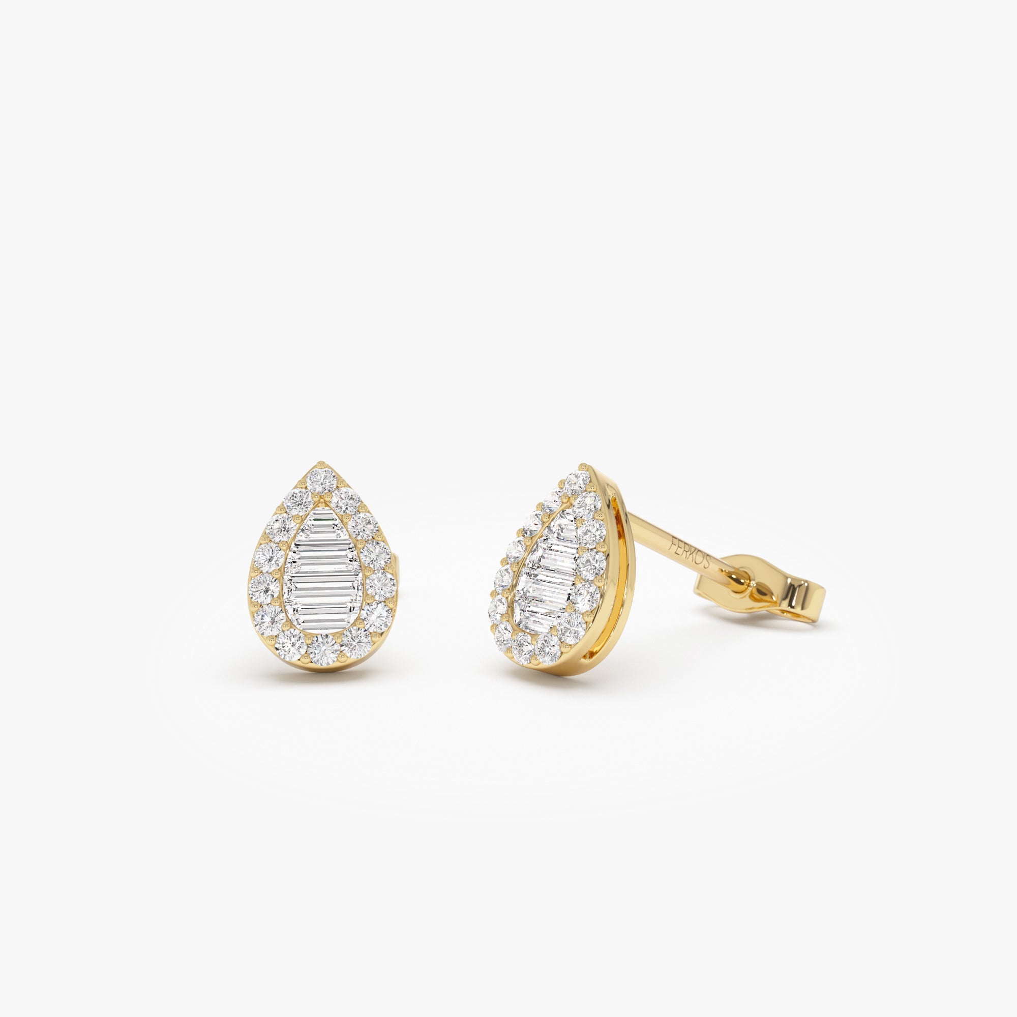 OBFJ0671 - 14k Baguette and Round Diamond Pear Studs 1