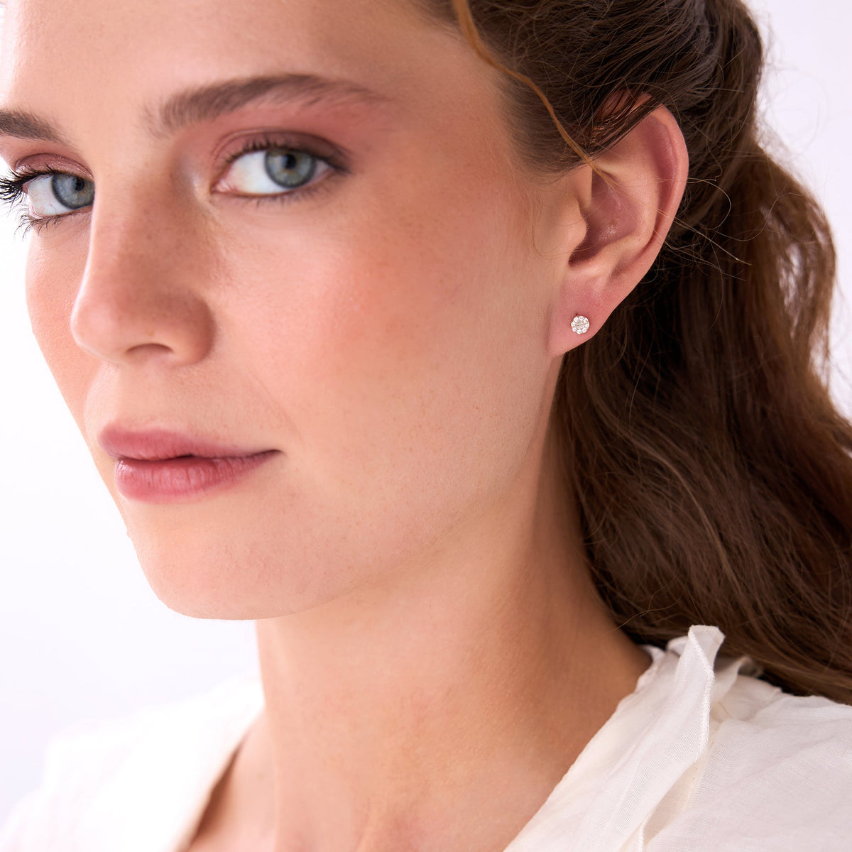 OBFJ0657 - Baguette Diamond Halo Earrings earrings in selectable metal and diamond options - Roselle Jewelry view 2