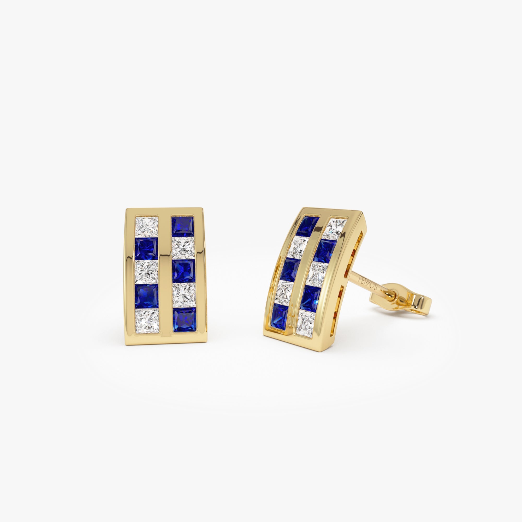 OBFJ0668 - 14k Princess Cut Sapphire and Diamond Stud Earrings 1