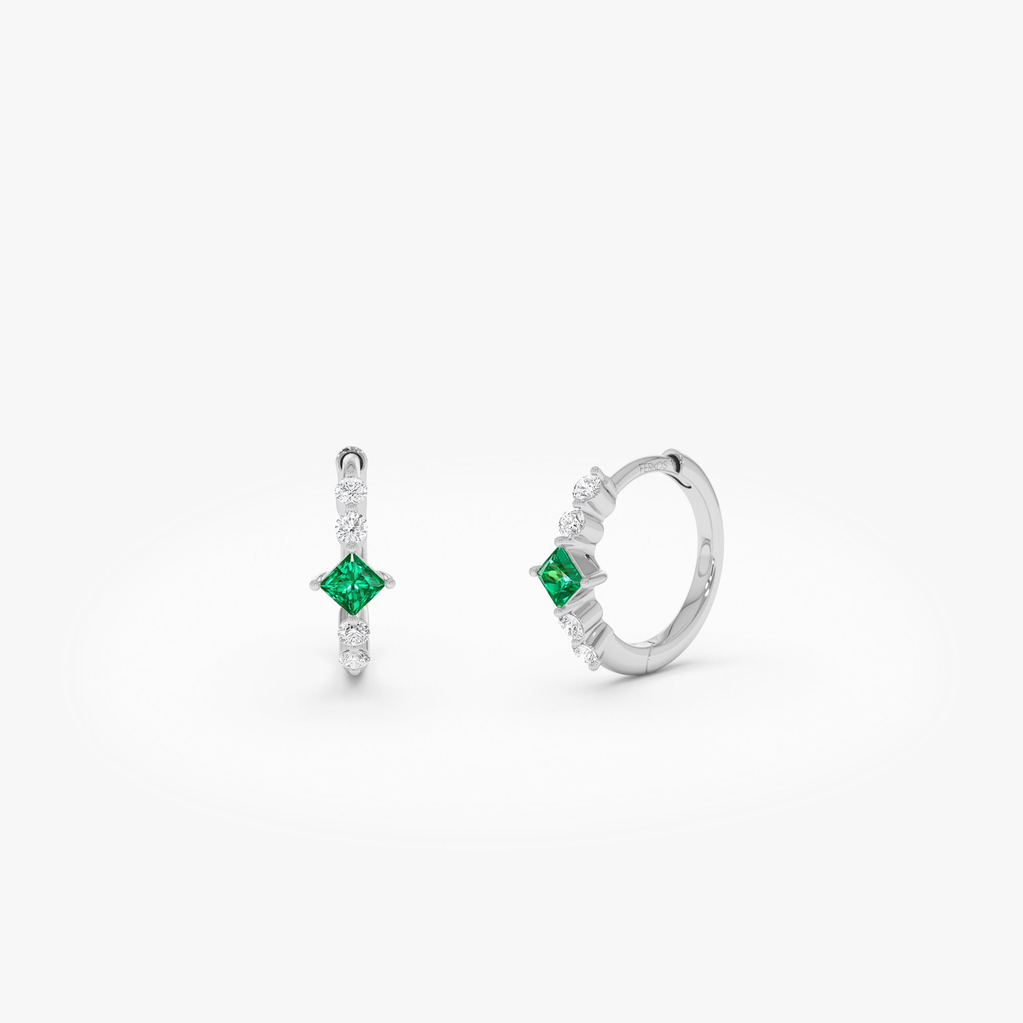 OBFJ0627 - 14k Princess Cut Emerald and Diamond Hoop Earrings 7
