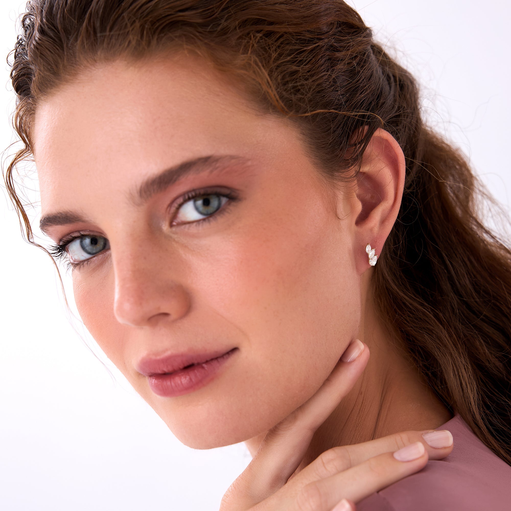 OBFJ0502 - 1.00 Ctw Prong Setting Lab Grown Mixed Shape Triple Cluster Stud Earrings - Caia earrings in selectable metal and diamond options - Roselle Jewelry view 4