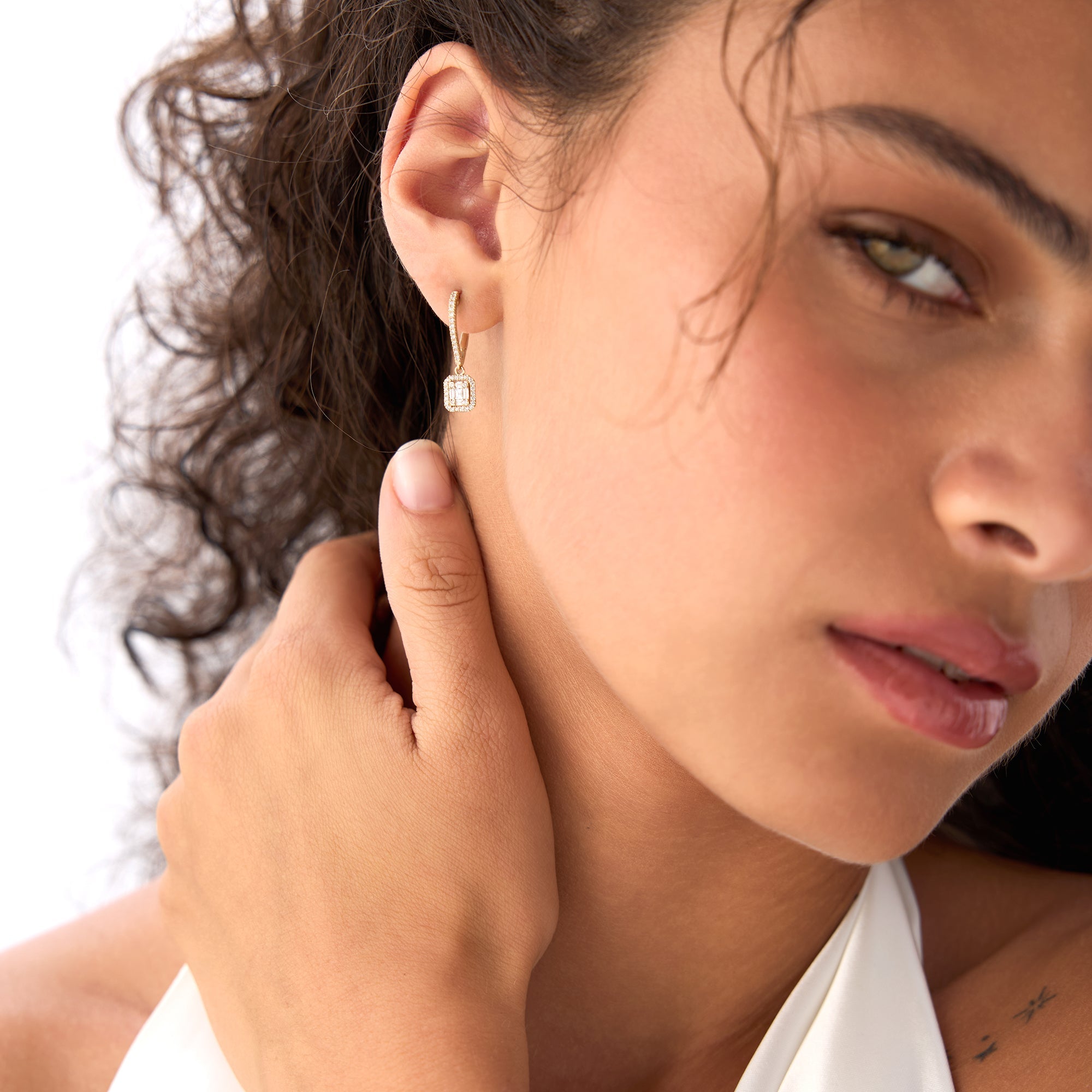 OBFJ0044 - Rectangular Cluster Diamond Halo Huggie Earrings earrings in selectable metal and diamond options - Roselle Jewelry view 3