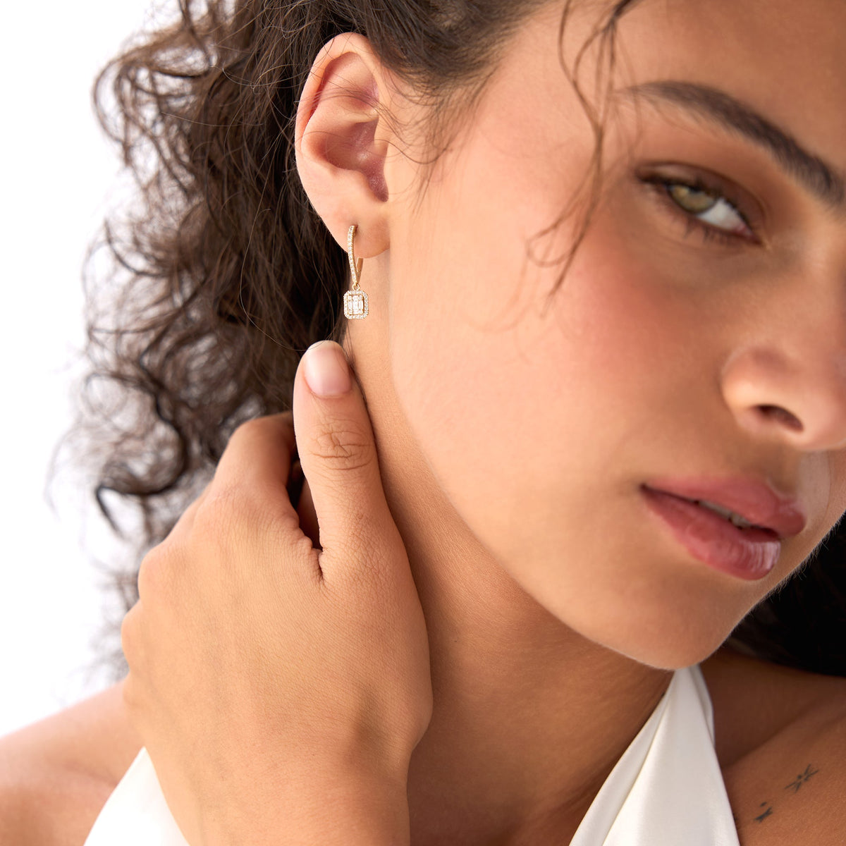 OBFJ0044 - Rectangular Cluster Diamond Halo Huggie Earrings earrings in selectable metal and diamond options - Roselle Jewelry view 3