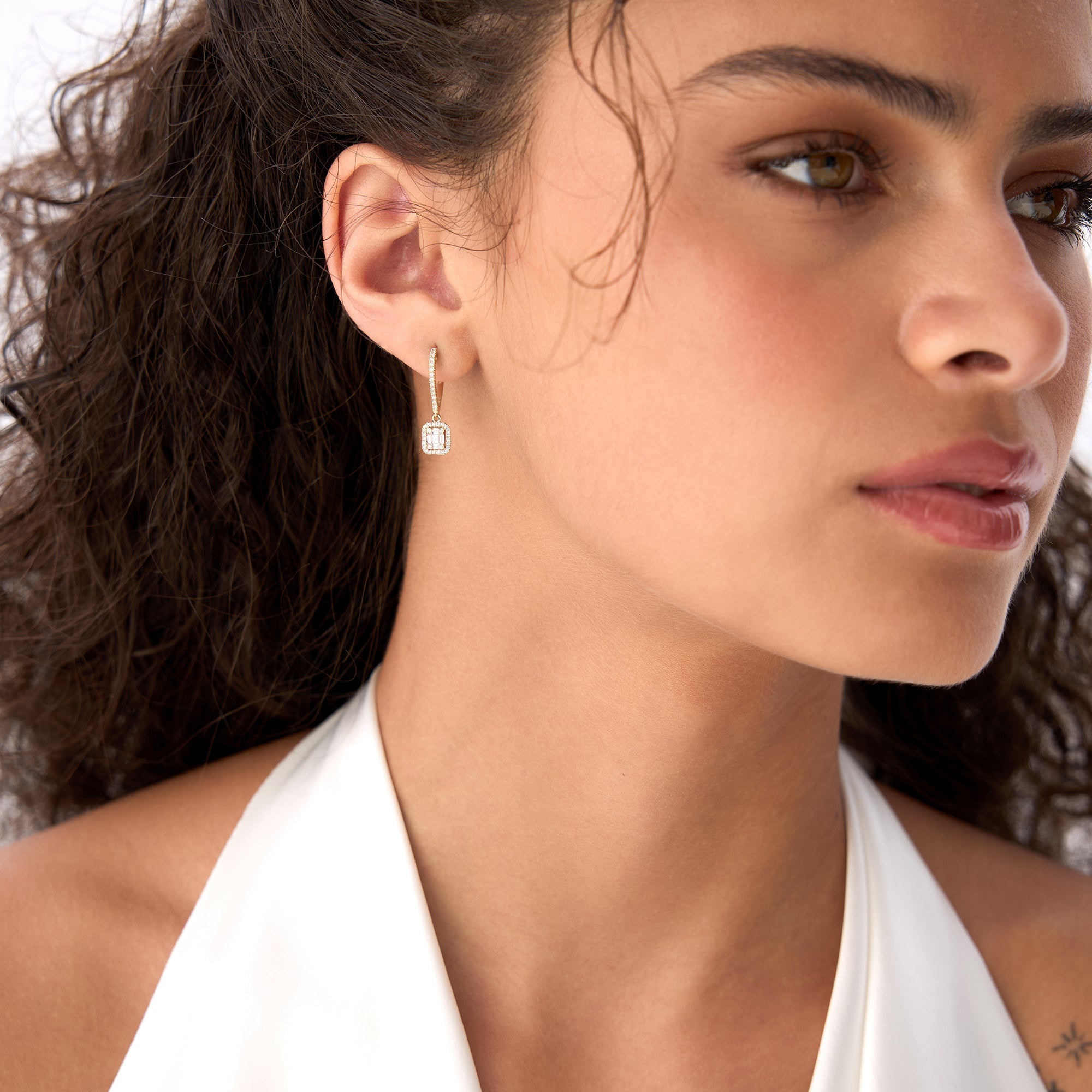 OBFJ0044 - Rectangular Cluster Diamond Halo Huggie Earrings earrings in selectable metal and diamond options - Roselle Jewelry view 4