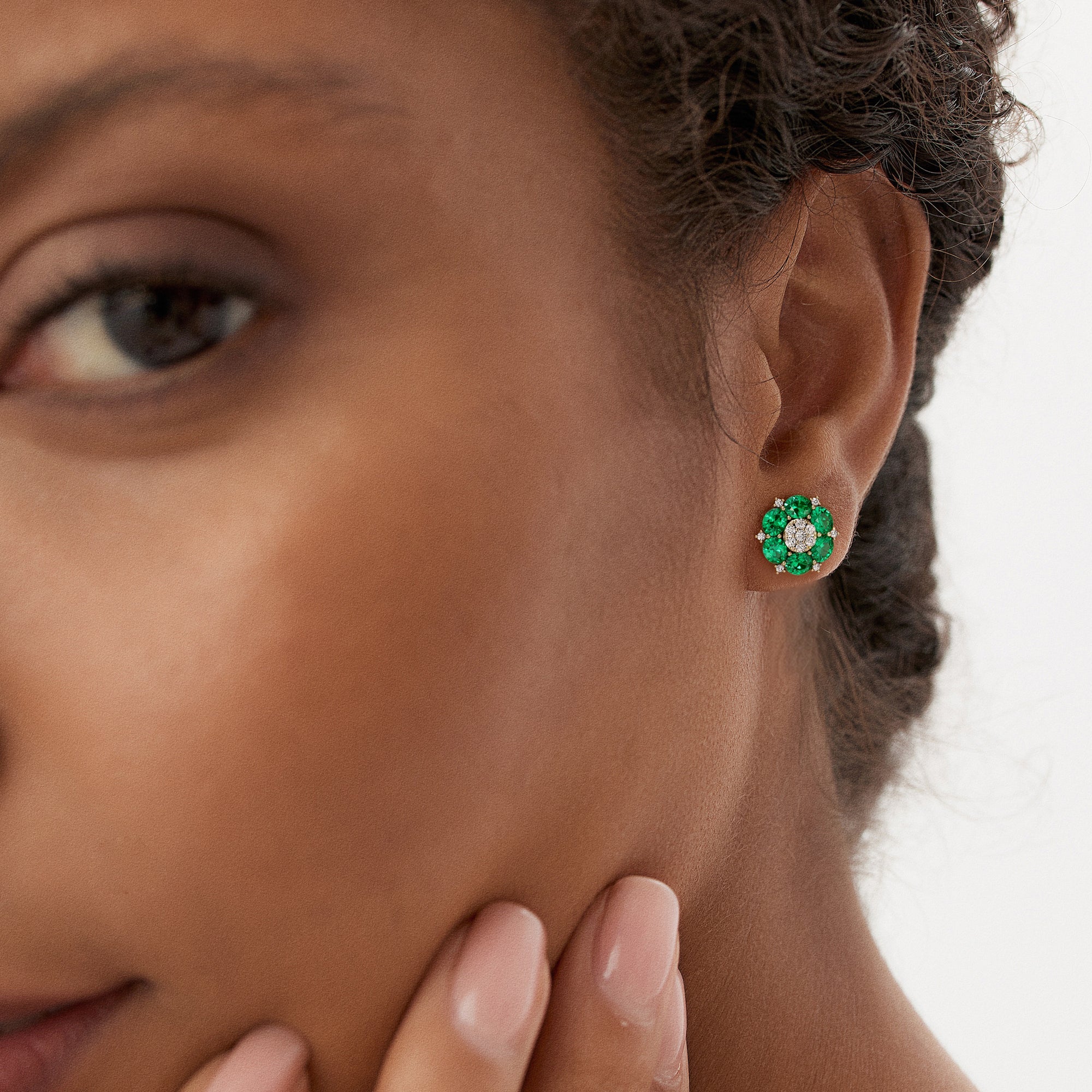 OBFJ0369 - 4.70 Ctw 14k Lab Grown Emerald and Diamond Cluster Stud Earrings - Brina 2