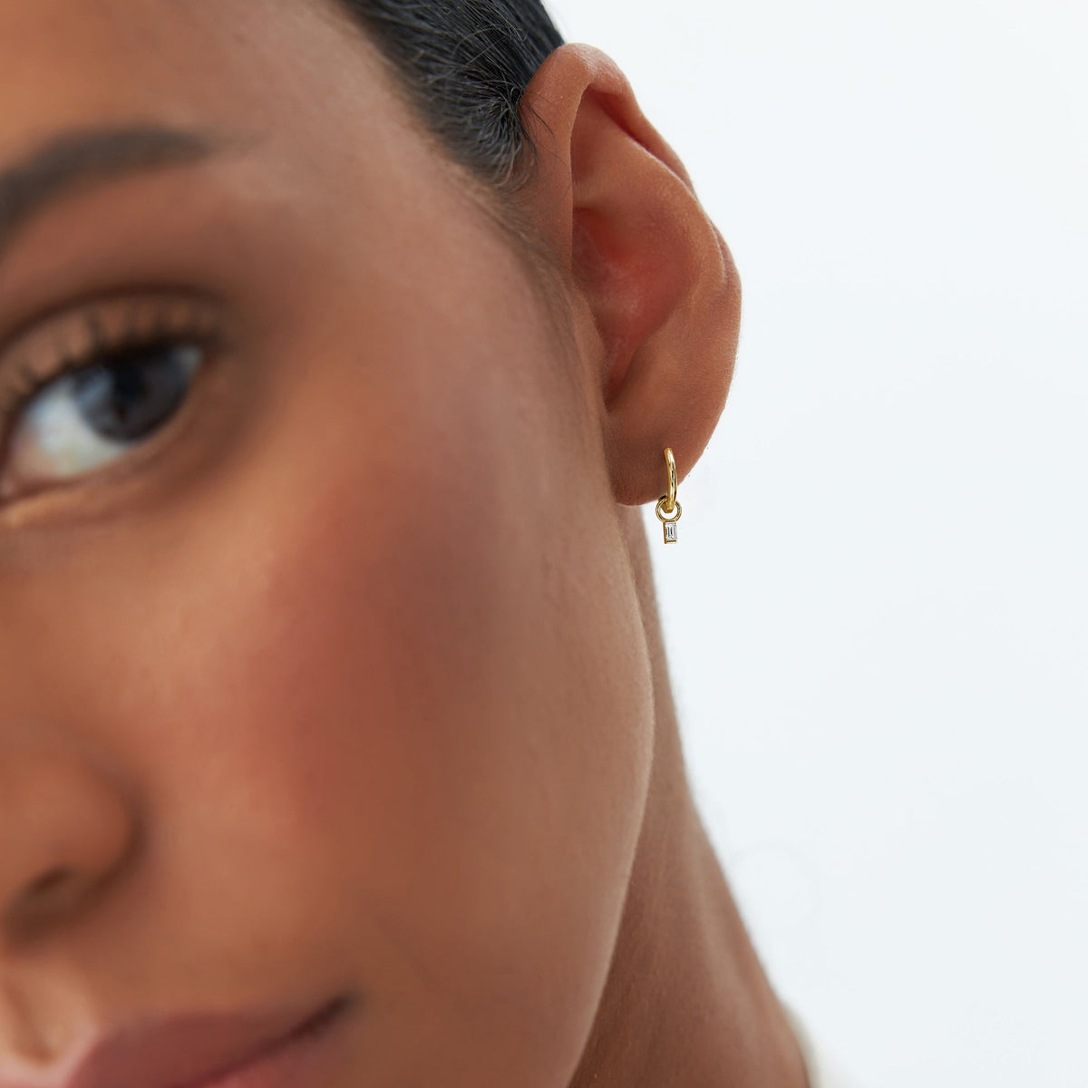 OBFJ1071 - Single Baguette Hoop Charm earrings in selectable metal and diamond options - Roselle Jewelry view 3