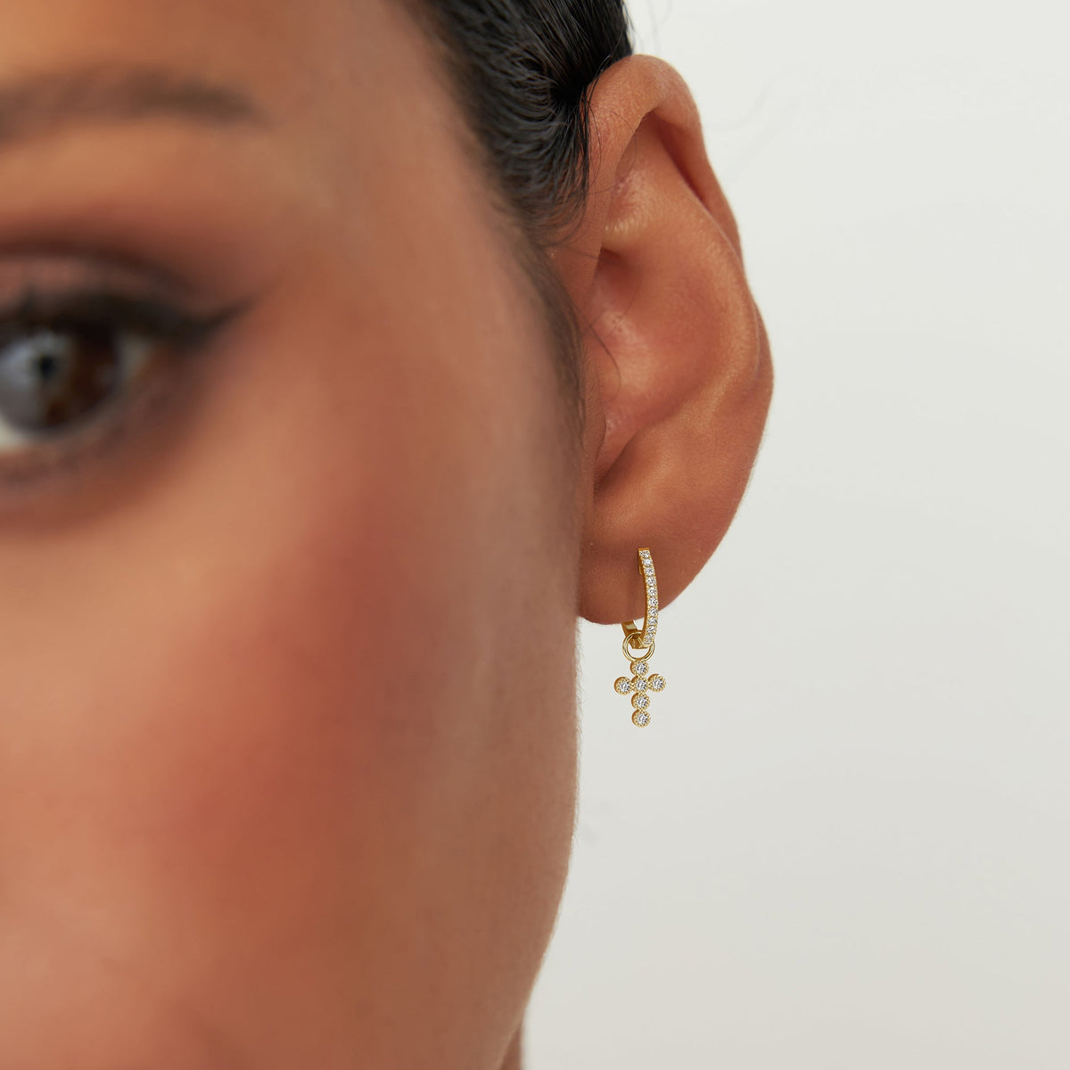 OBFJ1067 - Diamond Cross Hoop Charm earrings in selectable metal and diamond options - Roselle Jewelry view 2