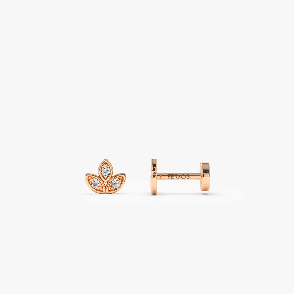 OBFJ0279 - 14K Gold Leaf Shape Diamond Cluster Flat Back Stud 2