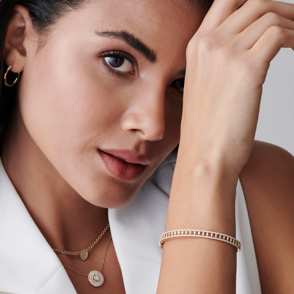 OBFJ1519 - 14K Baguette & Round Diamond Bangle Bracelet 7