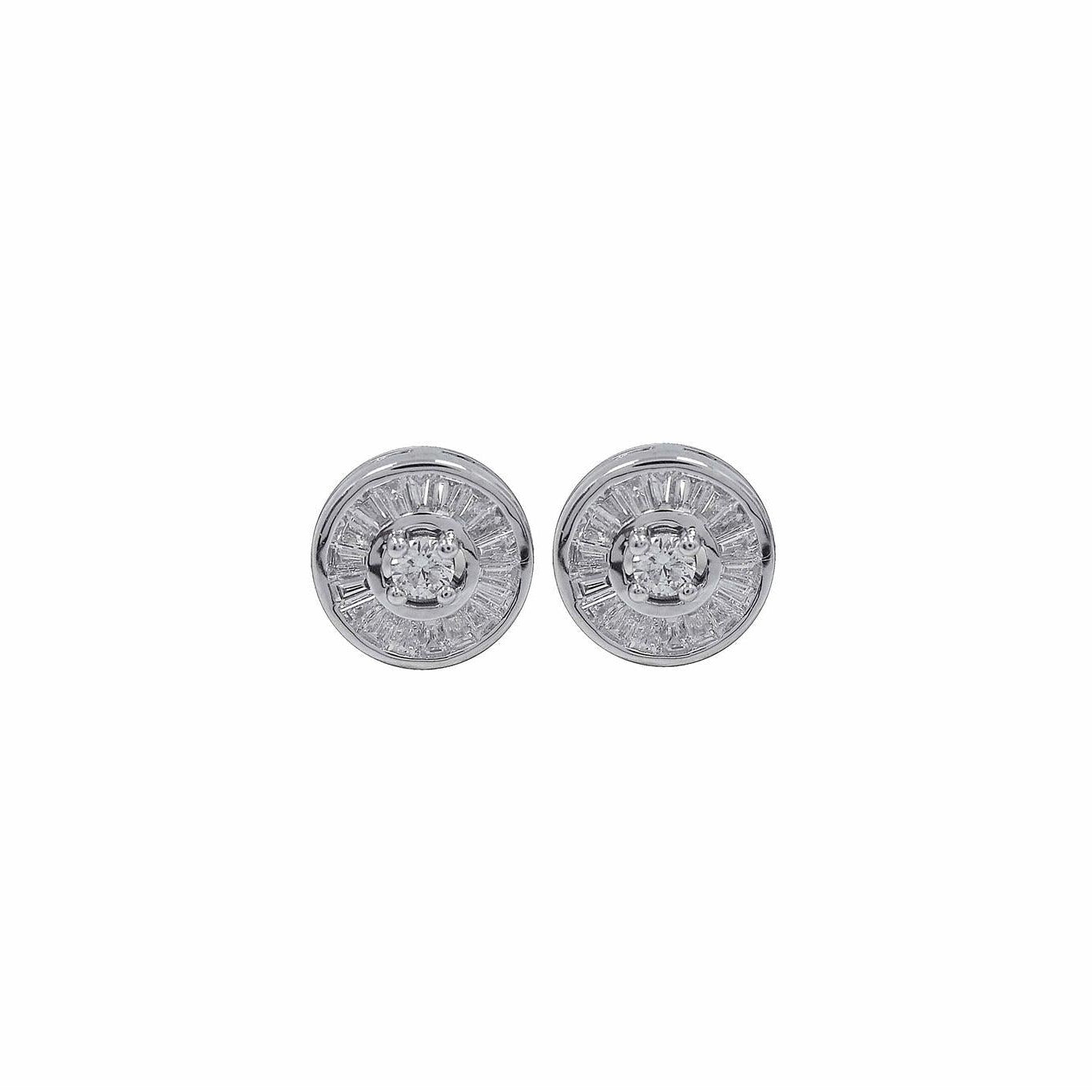 OBFJ0062 - 14k Gold Baguette Halo and Round Diamond Earrings 1