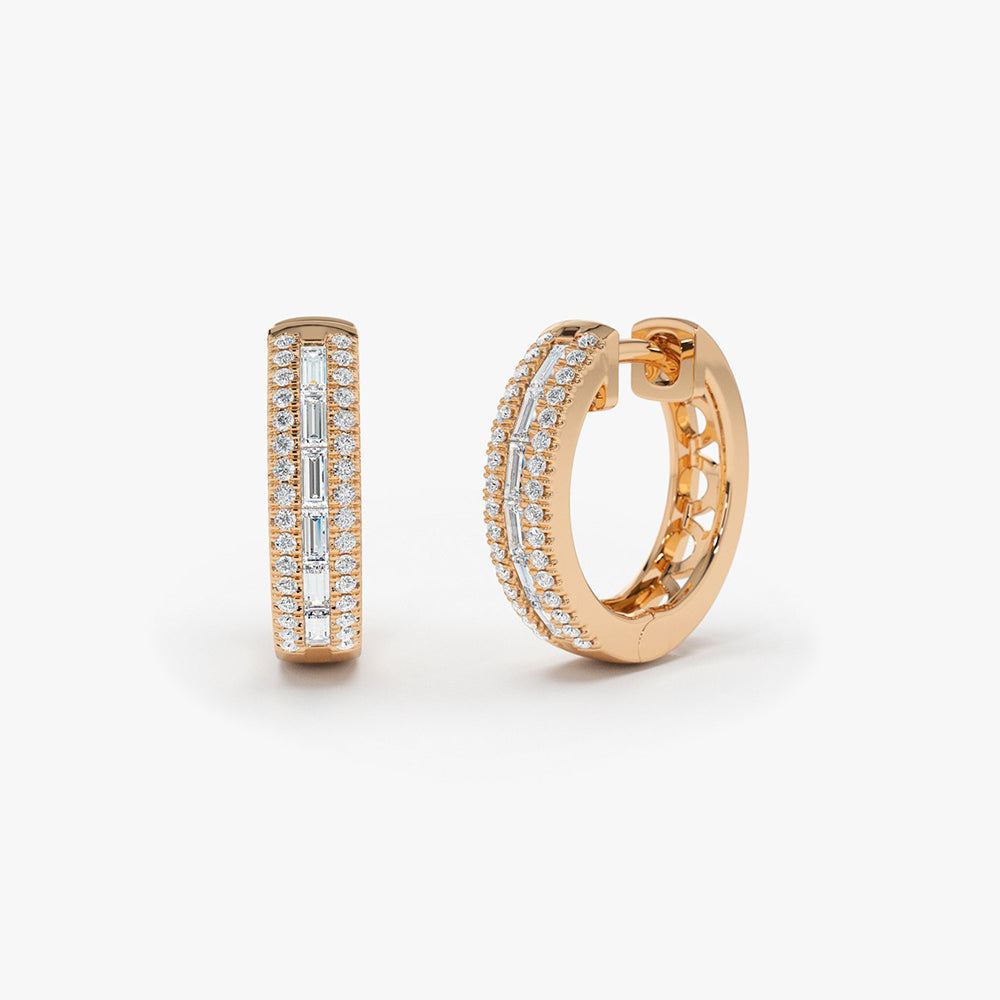 OBFJ0145 - 14K Rose Pave Diamonds and Baguette Hoop Earrings 1
