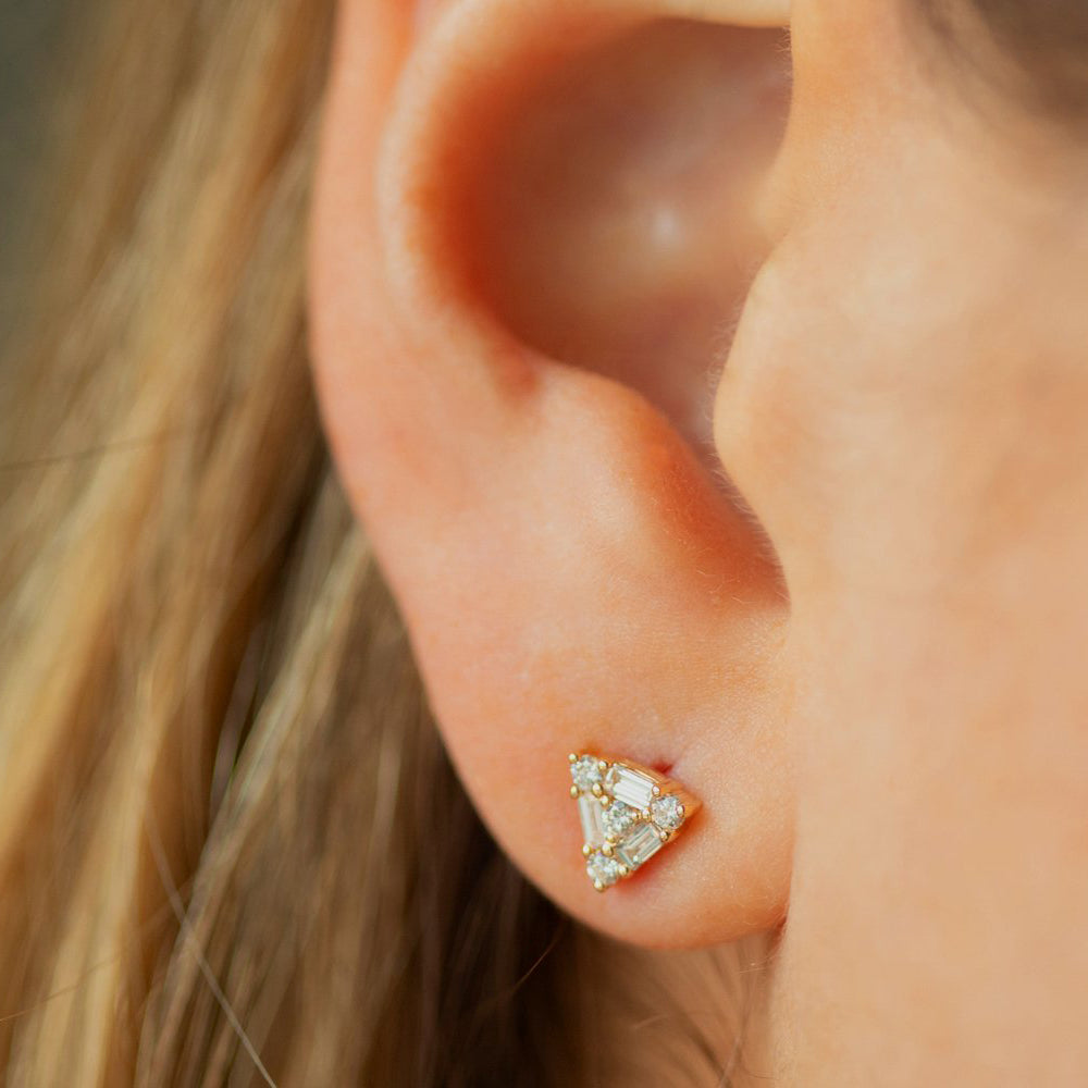 OBFJ0126 - 14k Rose Triangle Shaped Round & Baguette Diamond Studs 2