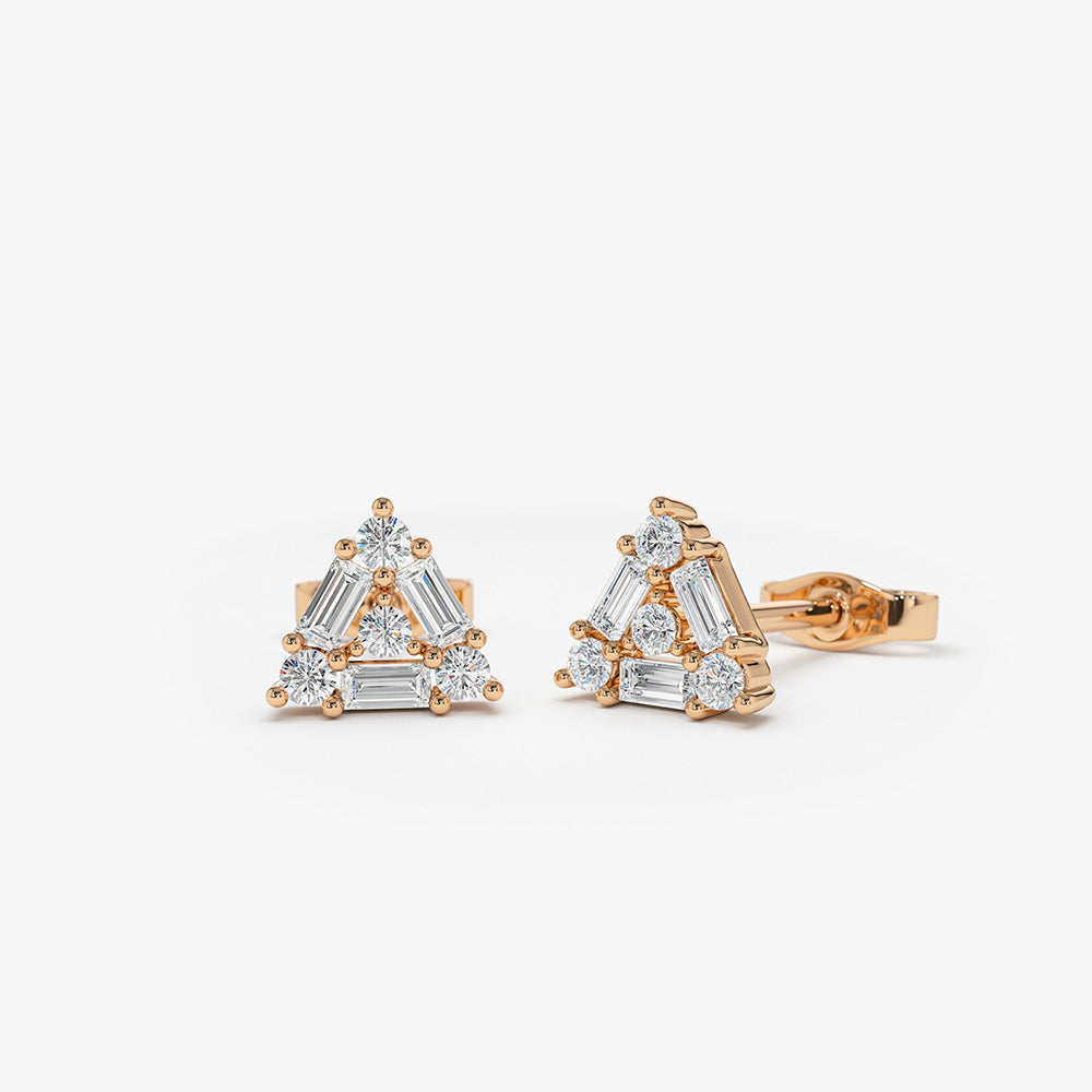 OBFJ0126 - 14k Rose Triangle Shaped Round & Baguette Diamond Studs 1